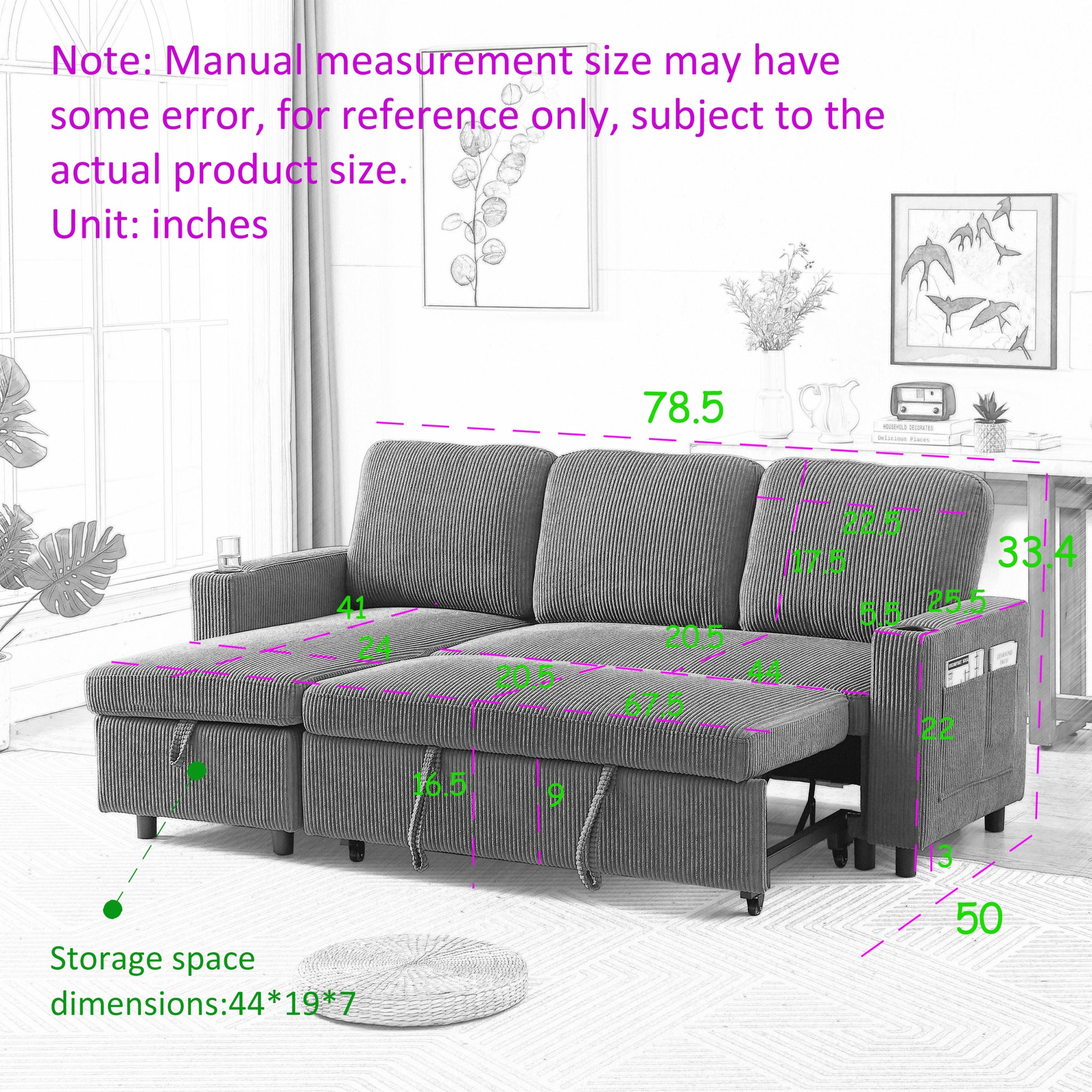 Fx78.7" Comfortable Corduroy L Shaped Combo Sofa Bed, Living Room Furniture Set For Tight Spaces, Reversible Sleeper Combo Sofa With Pullout Bed, Reversible Sofa Bed For Living Room, W1926S00009 Beige Linen Wood Primary Living Space Foam Corduroy 3 Seat