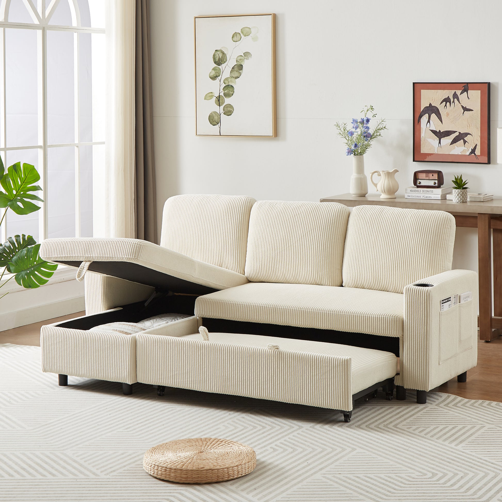 Fx78.7" Comfortable Corduroy L Shaped Combo Sofa Bed, Living Room Furniture Set For Tight Spaces, Reversible Sleeper Combo Sofa With Pullout Bed, Reversible Sofa Bed For Living Room, W1926S00009 Beige Linen Wood Primary Living Space Foam Corduroy 3 Seat