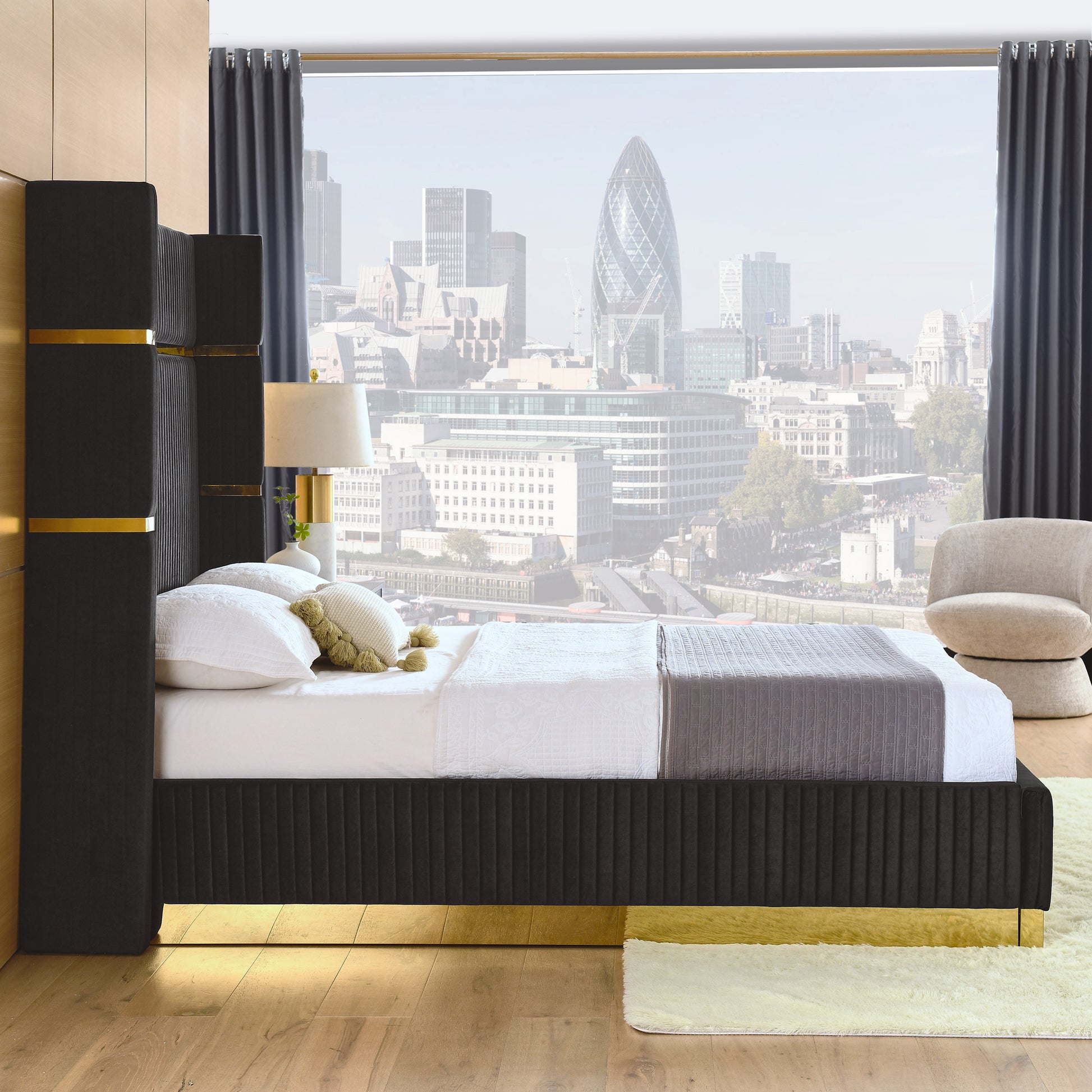 Corduroy Upholstered Bed Frame Queen Size 65" Tall Wingback Headboard Queen Bed Frame Metal Decoration No Box Spring Needed Box Spring Not Required Queen Black Wood Bedroom Eucalyptus Velvet Foam