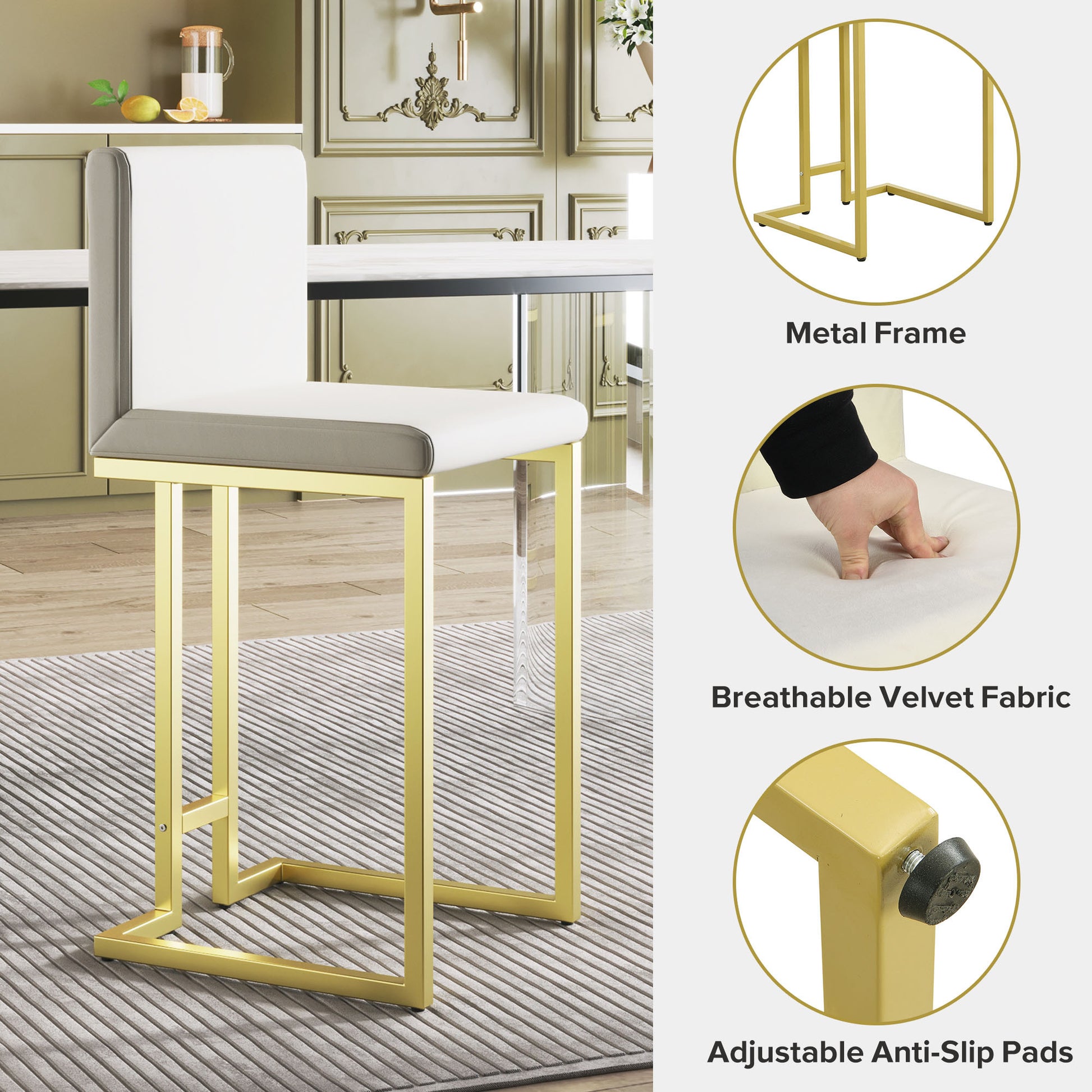 25.8" Counter Height Bar Stools Set Of 2, Mid Century Modern Gold Counter Height Bar Stools With Back Metal White Gold Dining Room Powder Coated Sponge Wipe Clean Rectangular Modern Bar Stools Set Of 2 Fabric Metal