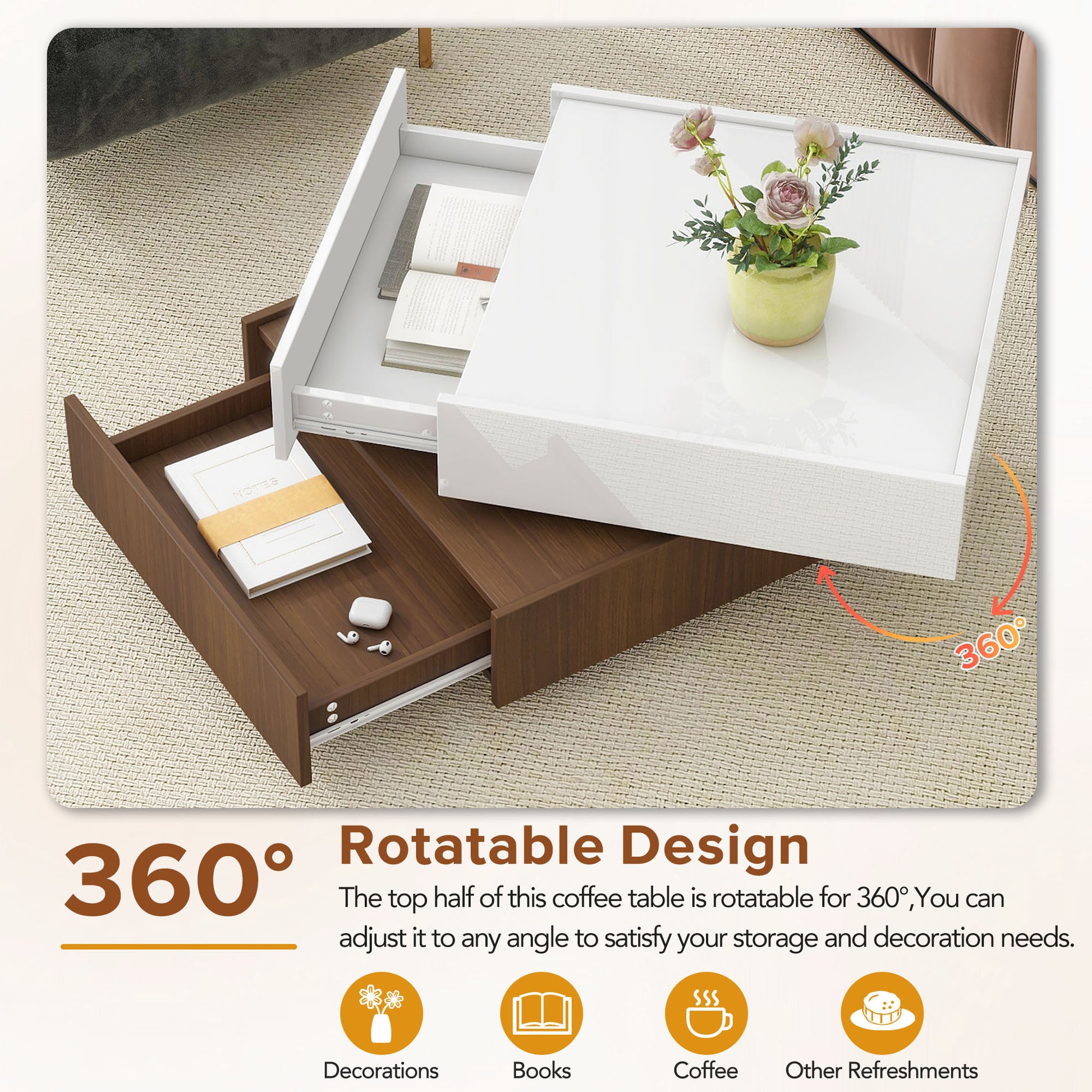 Square 360 Rotating Coffee Table With 2 Drawers, High Gloss 2 Tier Center Table With Swivel Tabletop And Storage, Walnut Table Frame Side Table For Living Room, White White Walnut Primary Living Space Glossy Square Particle Board