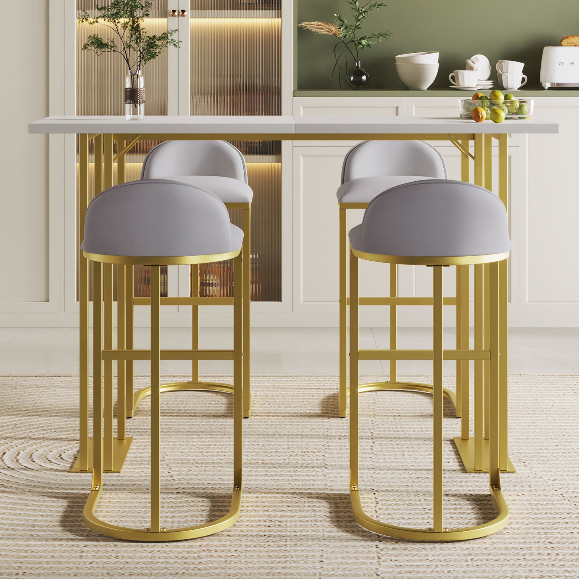 5 Pcs Bar Table And Chairs Set, Modern Gold White Table With 4 Velvet Cushion Bar Stools, Kitchen Counter High Top Table, Breakfast Table Set, Space Saving Table For Home & Kitchen, Gold Frame Metal Grey White Seats 4 Metal Dining Room Contemporary