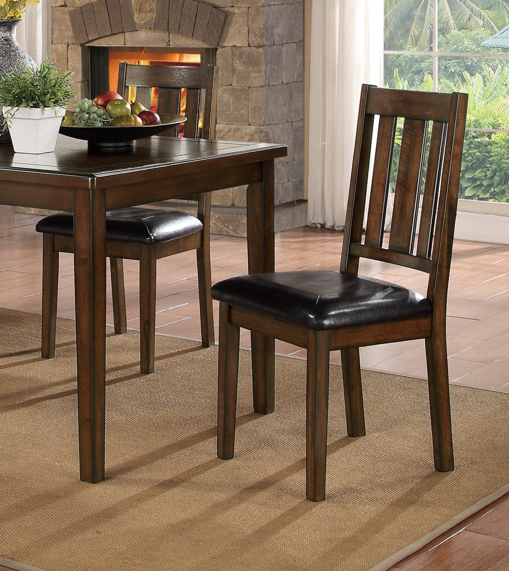 Dark Brown Cherry Finish 5Pc Dining Set Table With Chairs Black Faux