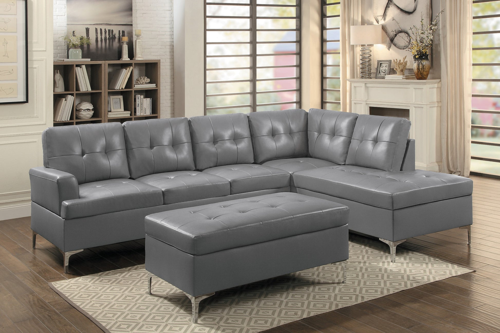 Contemporary Gray Tufted Top 1Pc Ottoman Faux Leather Upholstered Solid Wood Frame Living Room Furniture Silver Metal Legs Gray Wood Primary Living Space Grey Contemporary Rectangle Solid Wood