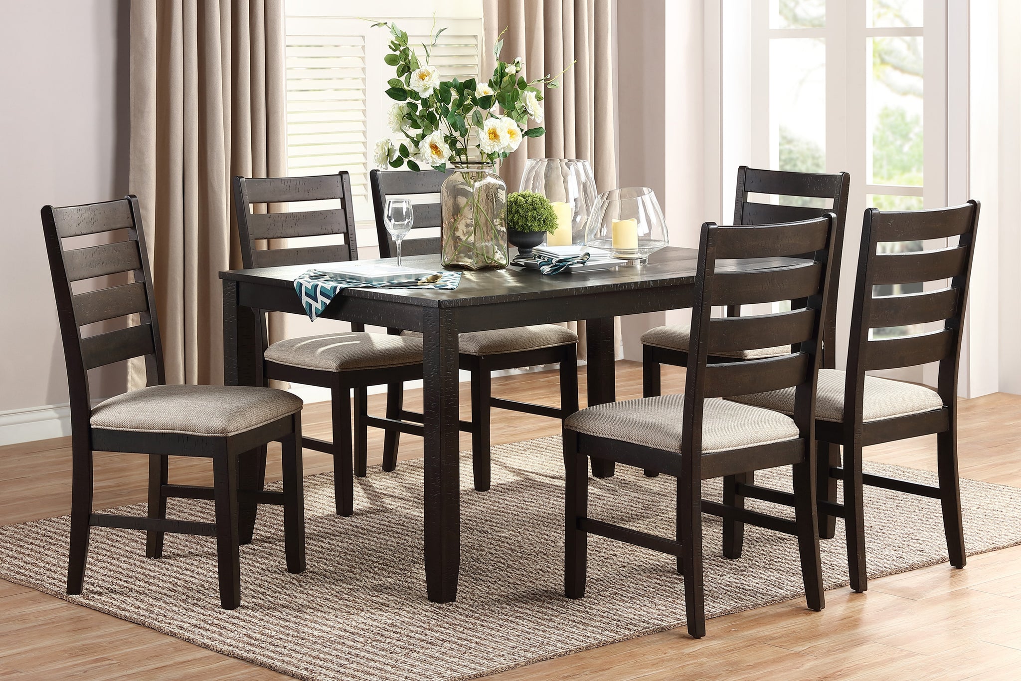 7Pc Dining Set Brown Finish Table And 6 Side Chairs Beige Upholstery Seat Ladder Back Wooden Kitchen Dining Furniture Wood Wood Brown Seats 6 Wood Dining Room 60 Inches Casual,Contemporary,Farmhouse,Transitional 4 Leg Rectangular Dining Table With Chair