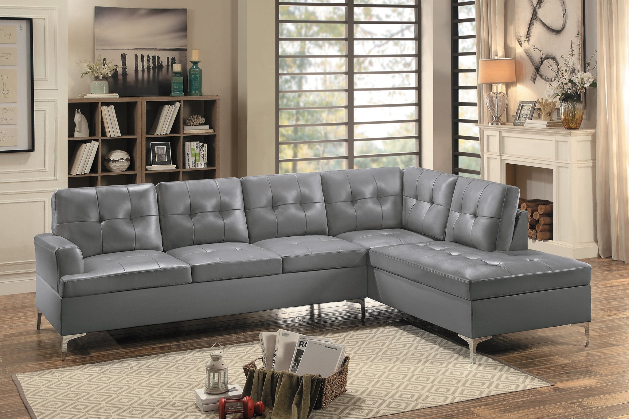 Contemporary Gray Faux Leather Upholstered 2Pc Sectional Sofa With Rsf Chaise Tufted Detail Solid Wood Living Room Furniture L Shape Sofa Chaise Gray Faux Leather Wood Primary Living Space Contemporary L Shaped Solid Wood