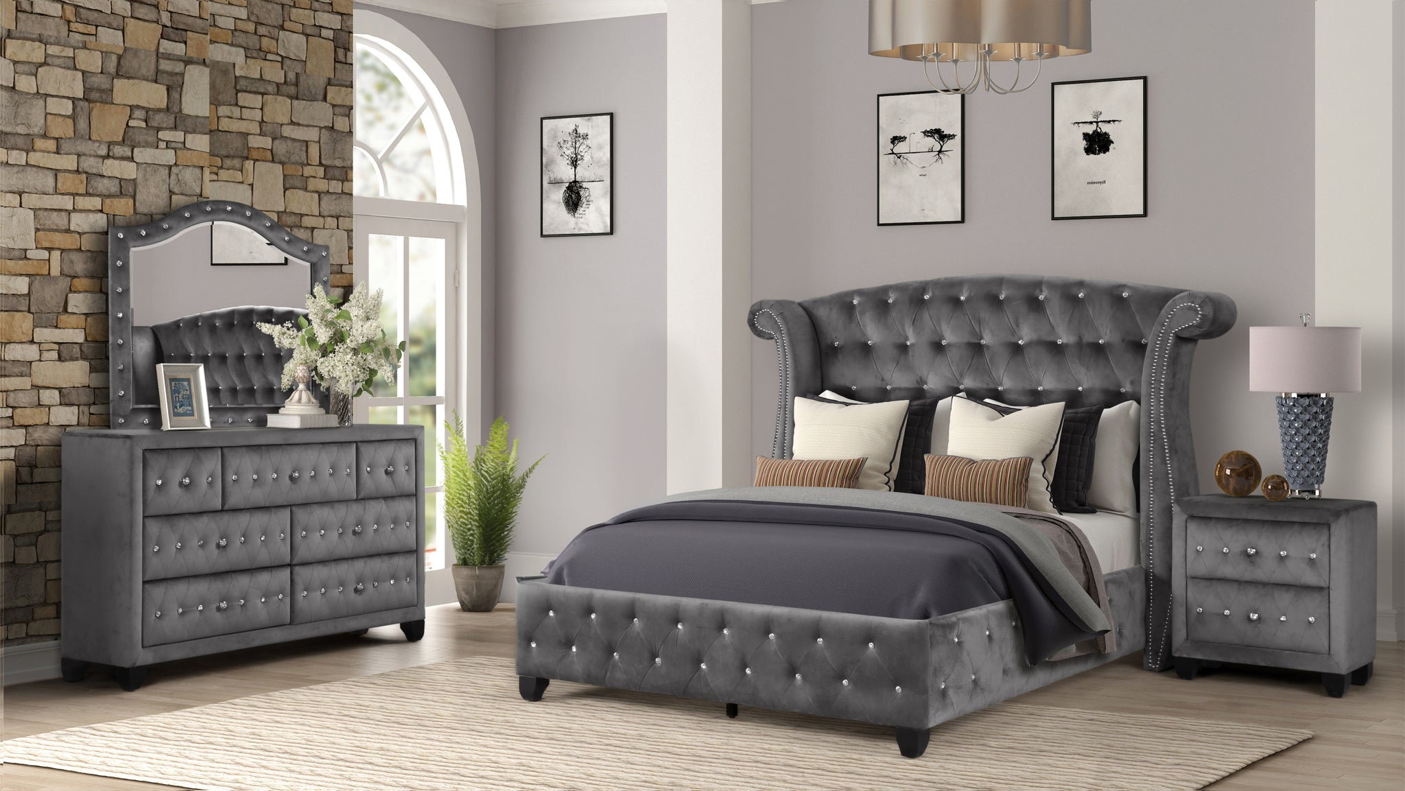 Sophia Modern Style Crystal Tufted Full 4 Piece Includes: Full Size Bed, Nightstand, Dresser, And Mirror Velvet Fabric Upholstery Bedroom Set Made With Wood In Gray Box Spring Not Required Full Gray Wood 4 Piece Set Bedroom Contemporary,Modern Acacia