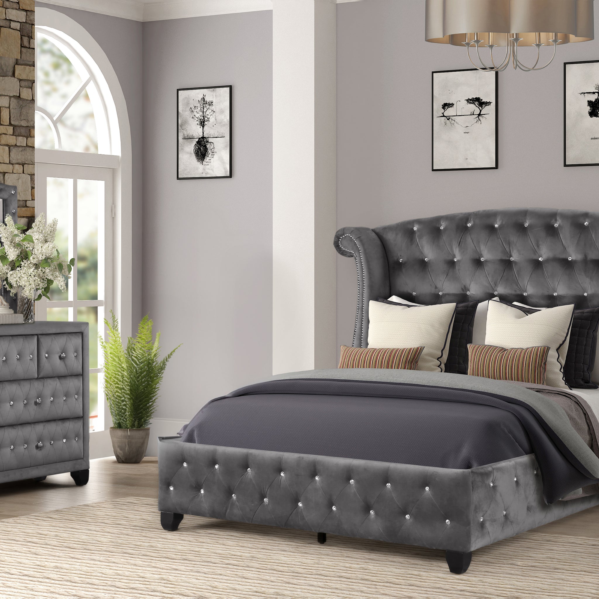 Modern Style Crystal Tufted King 4 Piece Includes: King Size Bed, Nightstand, Dresser, And Mirror Velvet Fabric Upholstery Bedroom Set Made With Wood In Gray Box Spring Not Required King Gray Wood 4 Piece Set Bedroom Contemporary,Modern Acacia