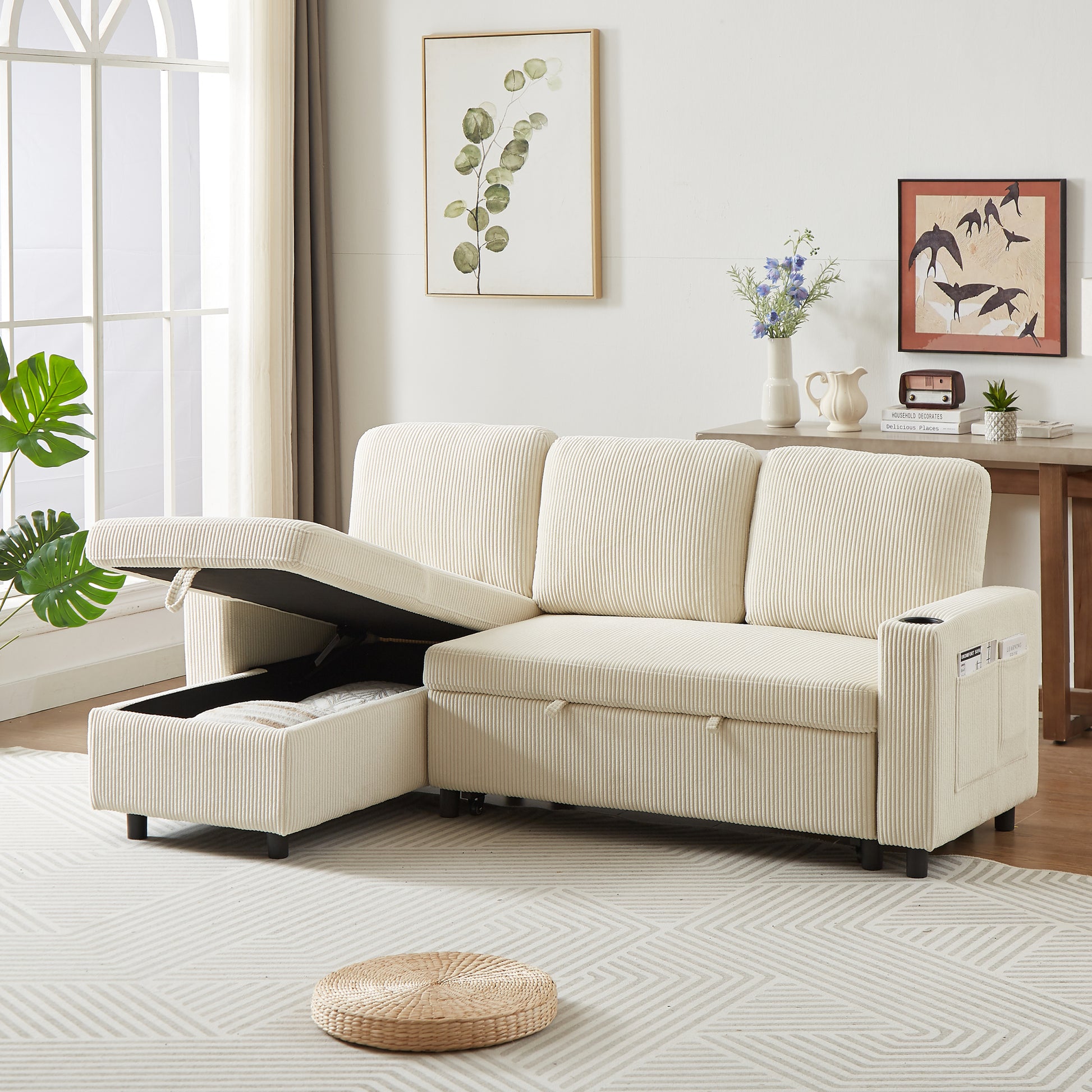 Fx78.7" Comfortable Corduroy L Shaped Combo Sofa Bed, Living Room Furniture Set For Tight Spaces, Reversible Sleeper Combo Sofa With Pullout Bed, Reversible Sofa Bed For Living Room, W1926S00009 Beige Linen Wood Primary Living Space Foam Corduroy 3 Seat