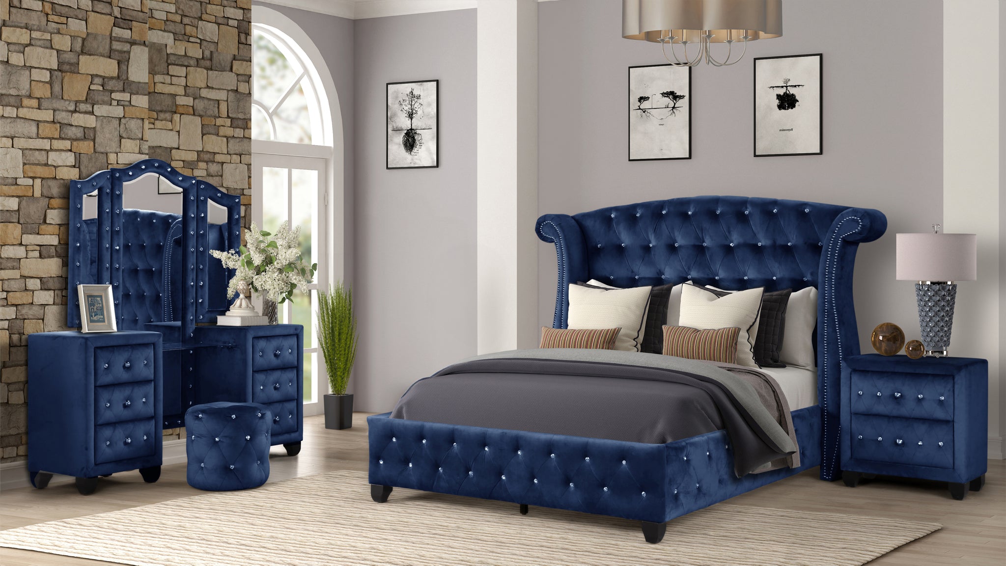 Sophia Modern Style Crystal Tufted Queen 4 Piece Includes: Queen Size Bed, Nightstand, Vanity Set Velvet Fabric Upholstery Vanity Bedroom Set Made With Wood In Blue Box Spring Not Required Queen Blue Wood 4 Piece Set Bedroom Contemporary,Modern