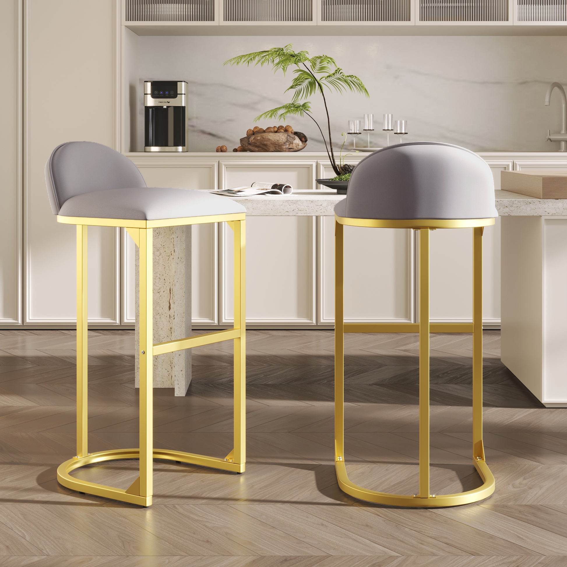 30" Counter Height Bar Stools Set Of 2, Bar Stools With Back And Gold Metal Frame, Modern Luxury Bar Stools With Footrest, Upholstered Velvet Counter Stool Chairs For Kitchen Island Metal Grey Gold Dining Room Powder Coated Sponge Wipe Clean Rectangular