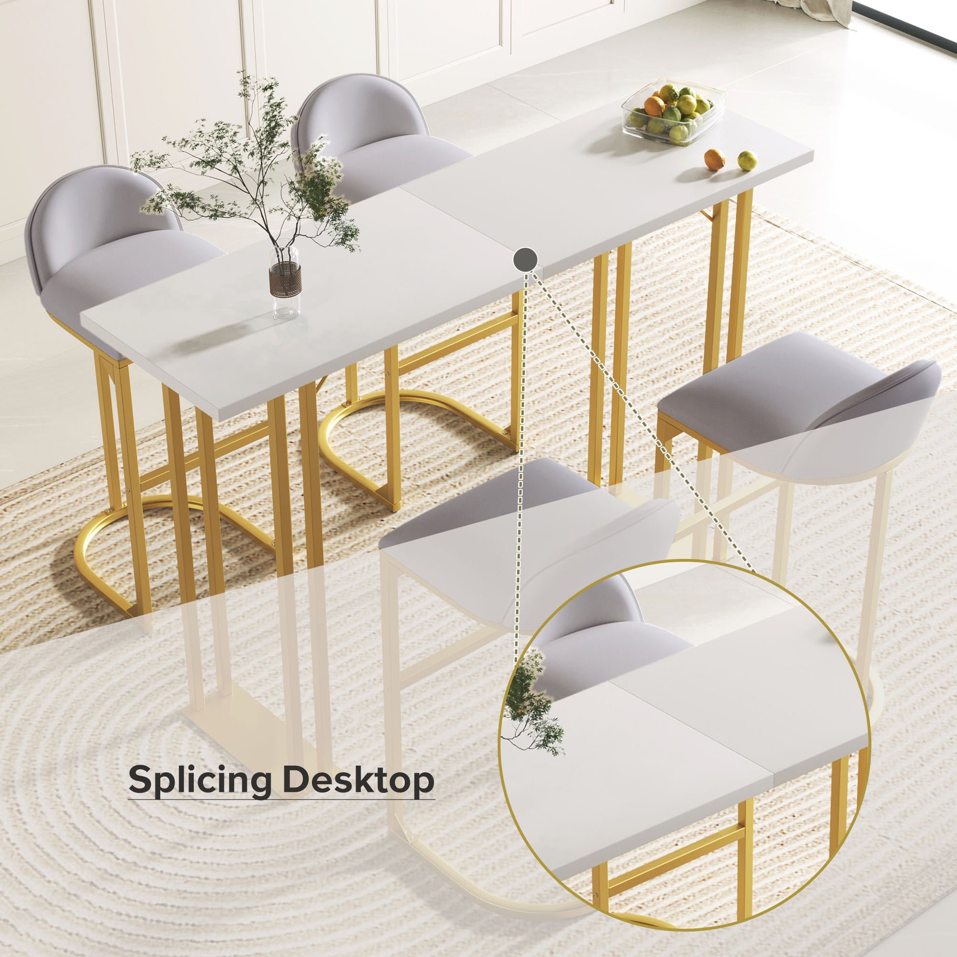 5 Pcs Bar Table And Chairs Set, Modern Gold White Table With 4 Velvet Cushion Bar Stools, Kitchen Counter High Top Table, Breakfast Table Set, Space Saving Table For Home & Kitchen, Gold Frame Metal Grey White Seats 4 Metal Dining Room Contemporary