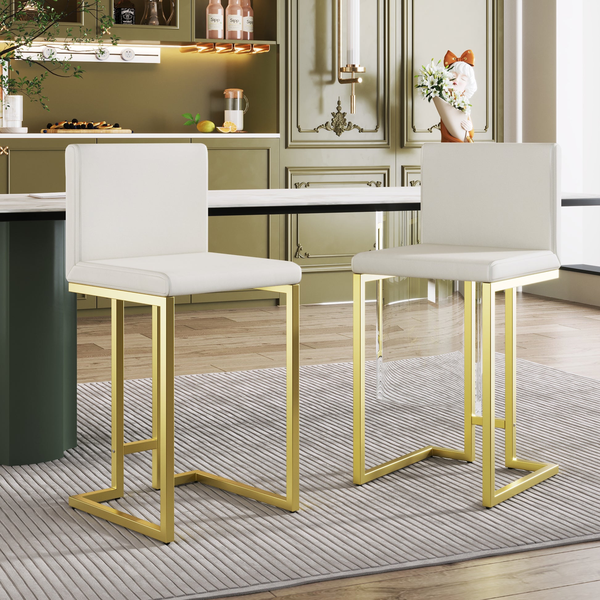 25.8" Counter Height Bar Stools Set Of 2, Mid Century Modern Gold Counter Height Bar Stools With Back Metal White Gold Dining Room Powder Coated Sponge Wipe Clean Rectangular Modern Bar Stools Set Of 2 Fabric Metal