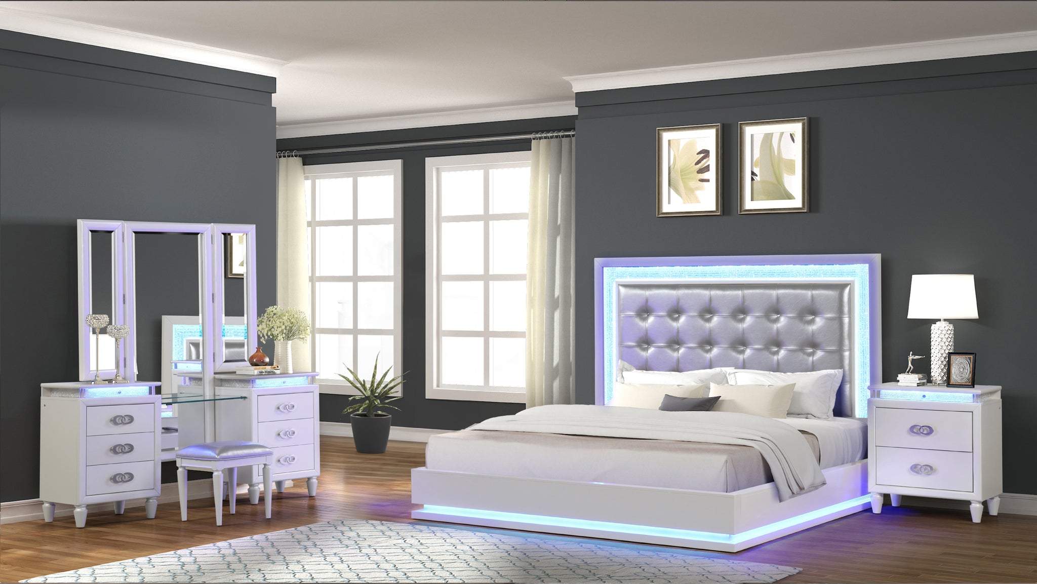 Passion Queen 4 Pc Vanity Led Bedroom Set Made With Wood In Milky White White Bedroom Modern Wood