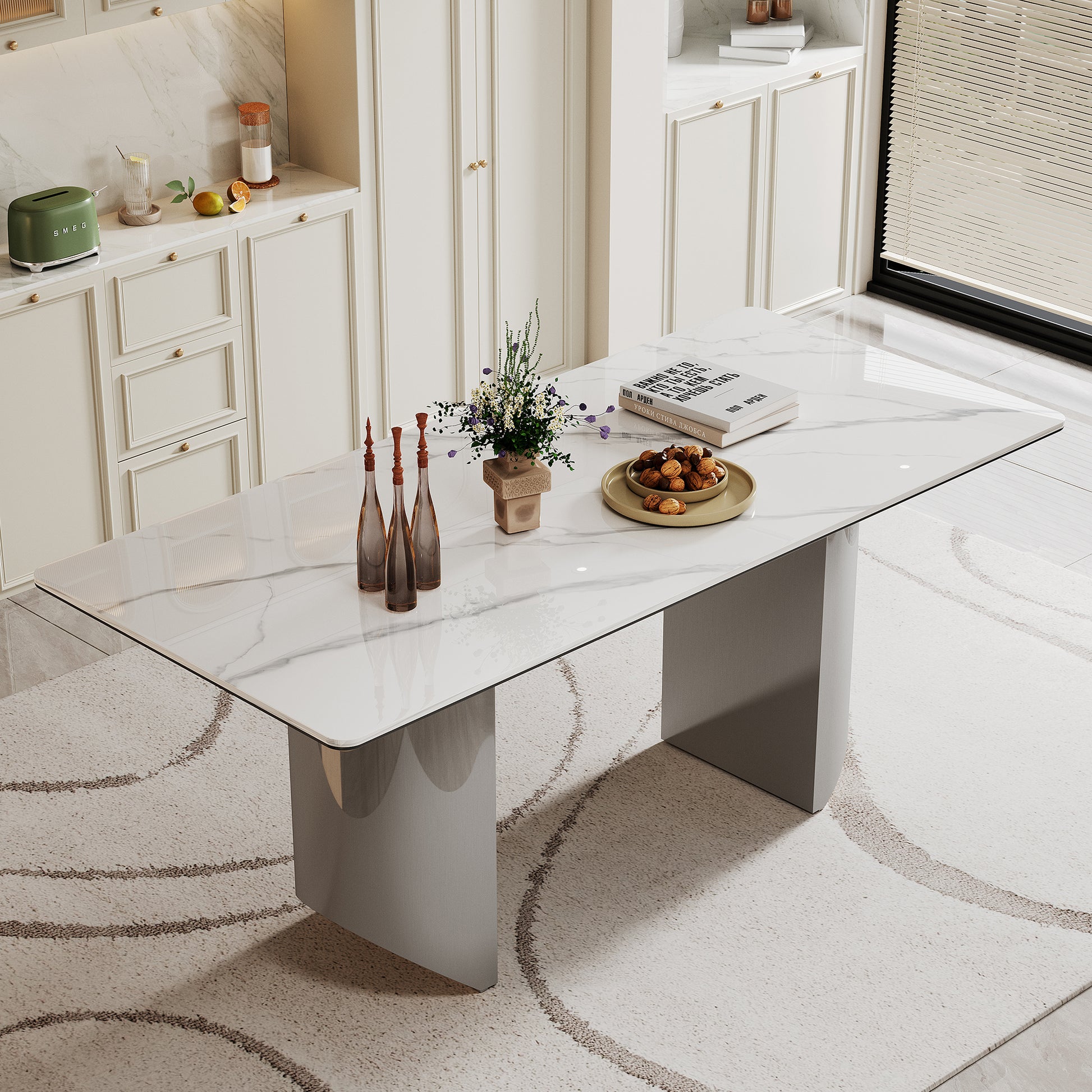 0.47" Thick Sintered Stone Composite Tempered Glass Top Dining Table With Stainless Steel Base Silver Sintered Stone