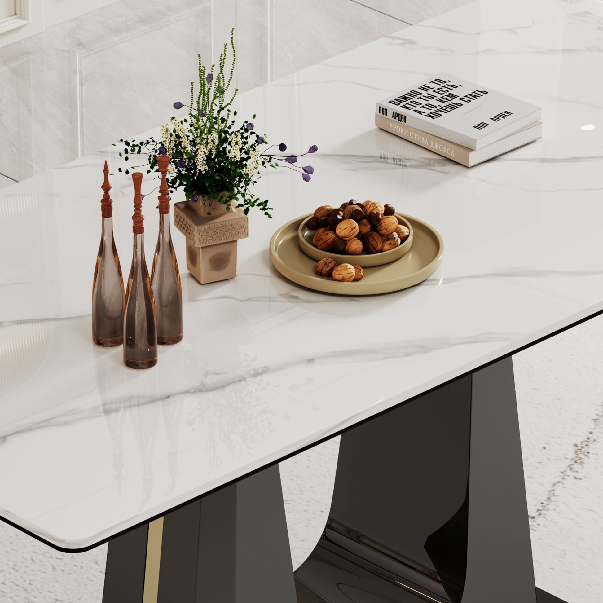 0.47" Thick Sintered Stone Composite Tempered Glass Top Rectangular Dining Table With Black Stainless Steel Base Black Sintered Stone