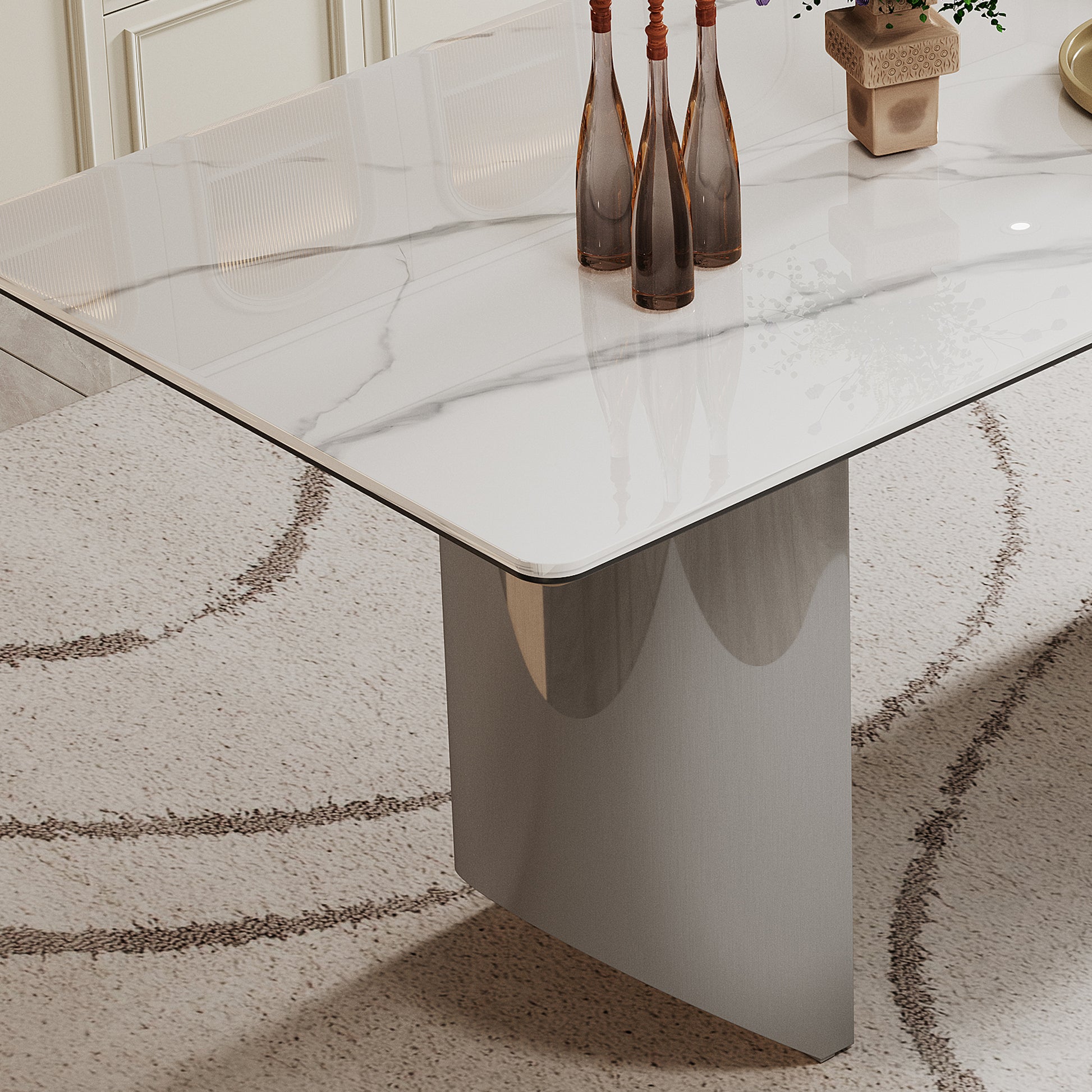 0.47" Thick Sintered Stone Composite Tempered Glass Top Dining Table With Stainless Steel Base Silver Sintered Stone