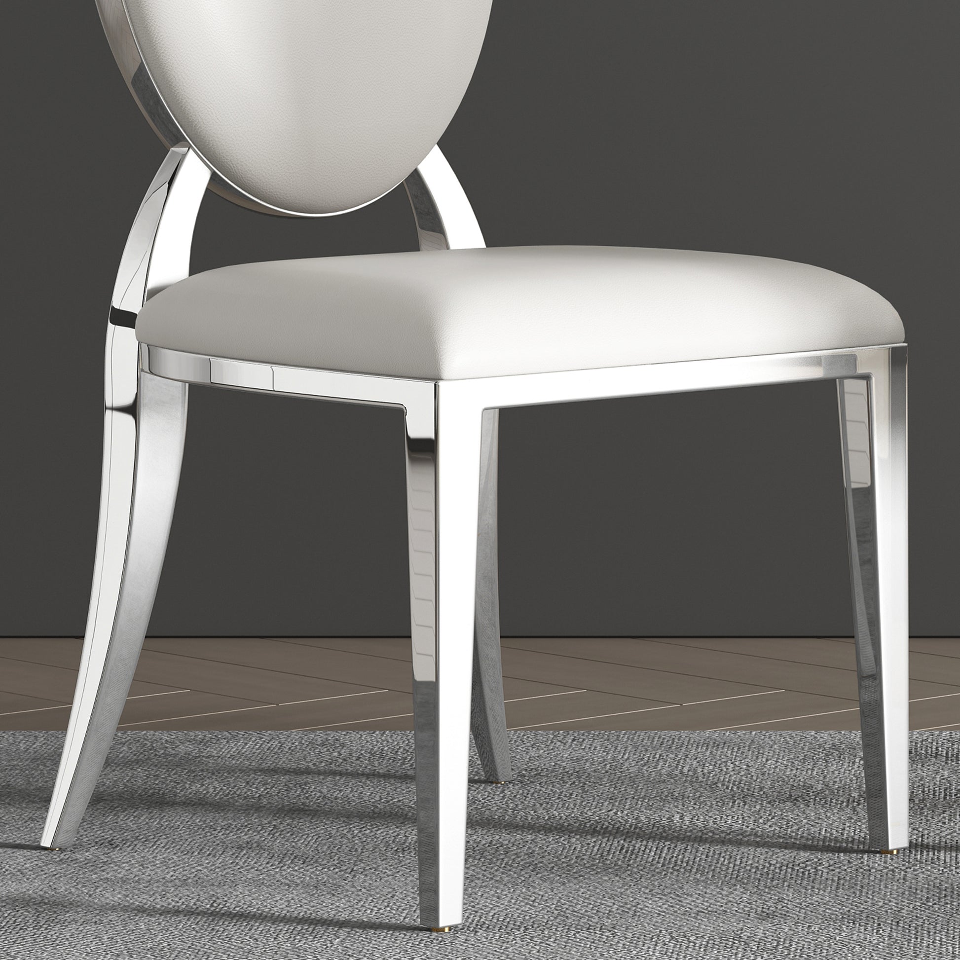 Dining Chair Set Of 2, Oval Backrest Design And Stainless Steel Legs White Leather