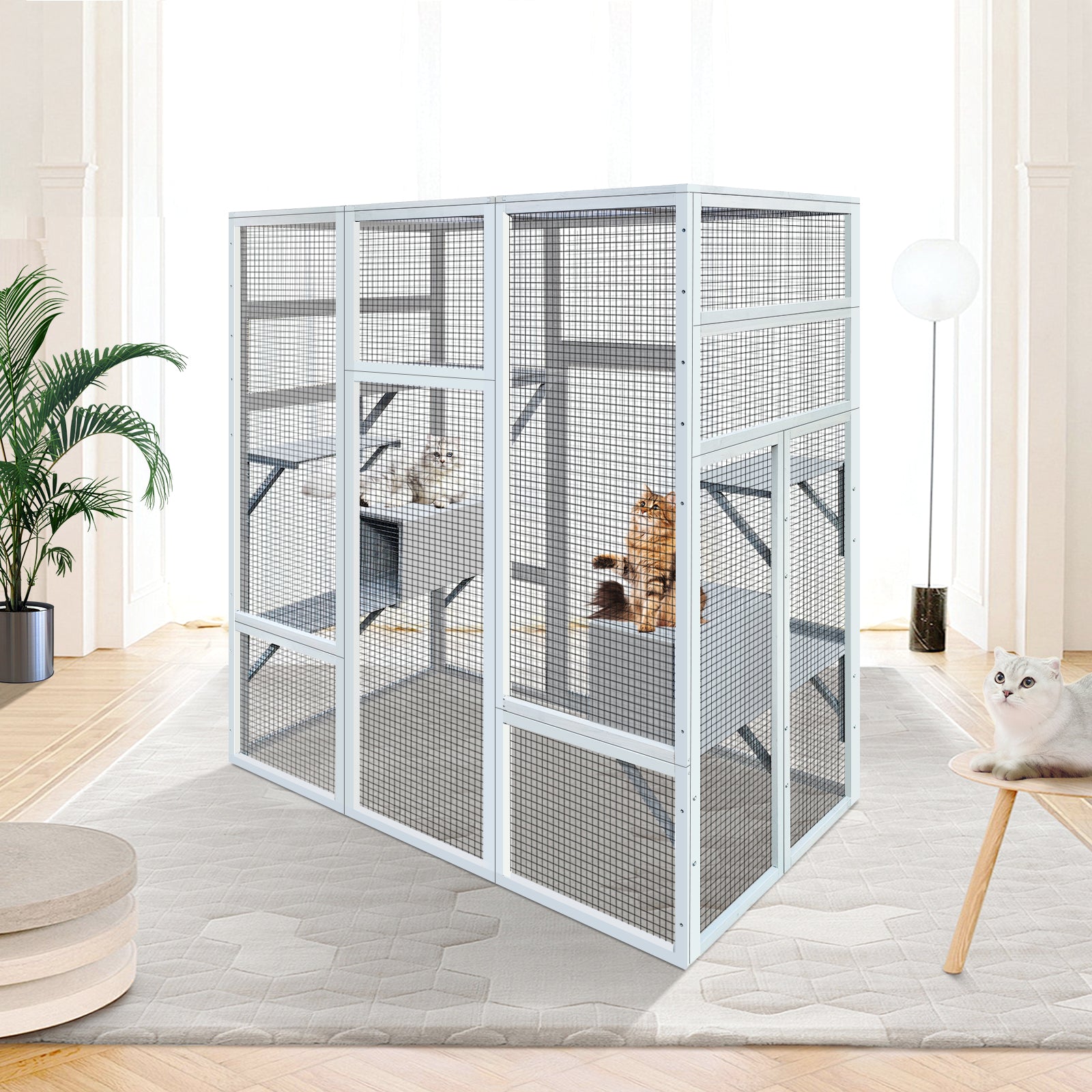 62.6" Wooden Cat House Large Catio, Solid Wood Cat Cage Shelter Enclosure Playpen With Anti Uv& Waterproof, 7 Platforms And 2 Resting Boxes Gray Wood