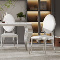 Dining Chair Set Of 2, Oval Backrest Design And Stainless Steel Legs White Leather