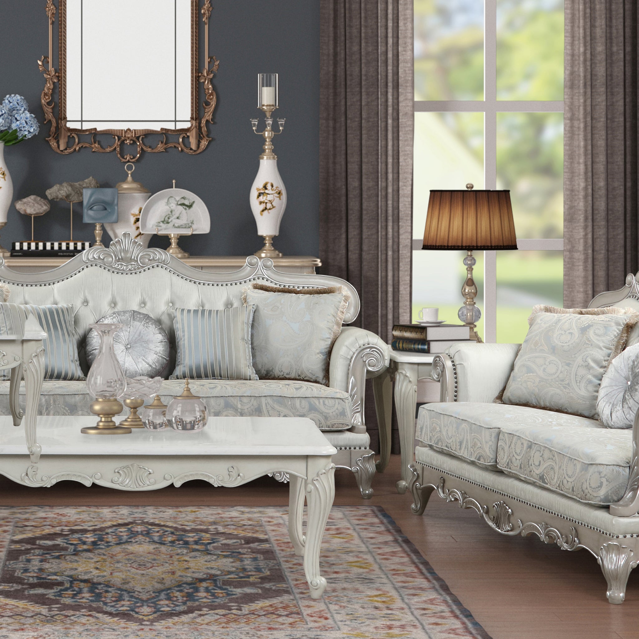 Tuscan Thick Velvet Fabric 2Pc Traditional Living Room Set Made With Wood In Silver Silver Grey Primary Living Space Soft Tufted Back Traditional Wood 5 Seat