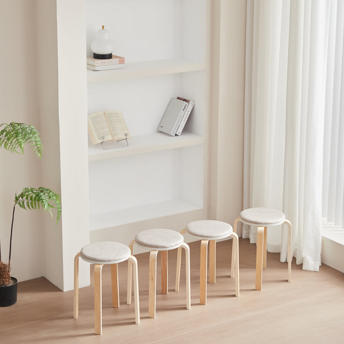 Set Of 4 Stackable Stools, Stackable Bentwood Stools, Round Backless Chairs For Dining Room, Kitchen, Classroom Light Grey Solid Wood