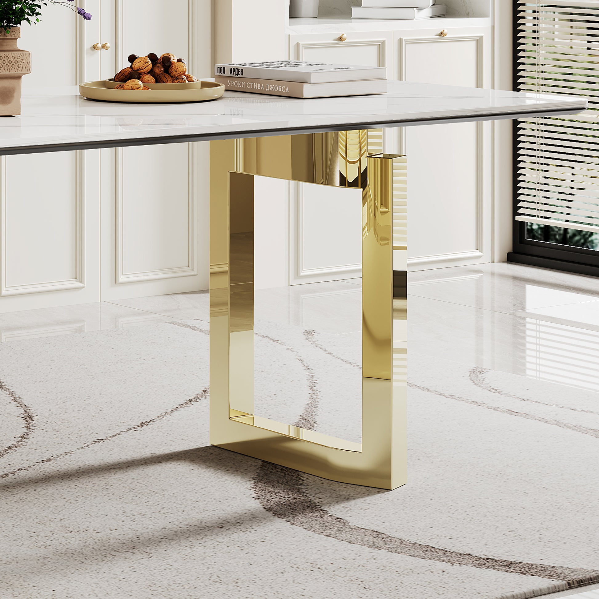 0.47" Thick Sintered Stone Composite Tempered Glass Top Rectangular Dining Table With Stainless Steel Base Gold Sintered Stone