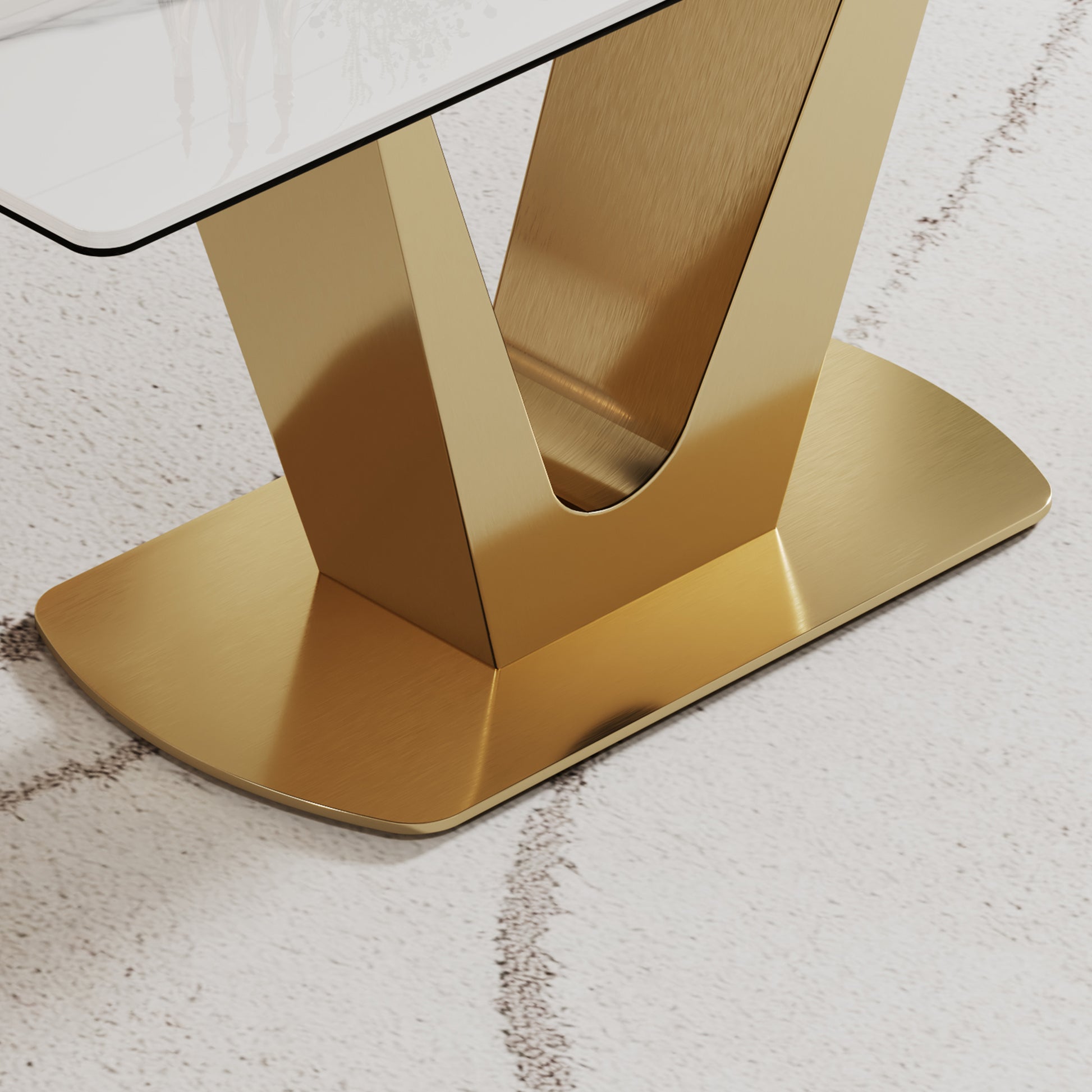 0.47" Thick Sintered Stone Composite Tempered Glass Top Dining Table With V Shape Stainless Steel Base Gold Sintered Stone