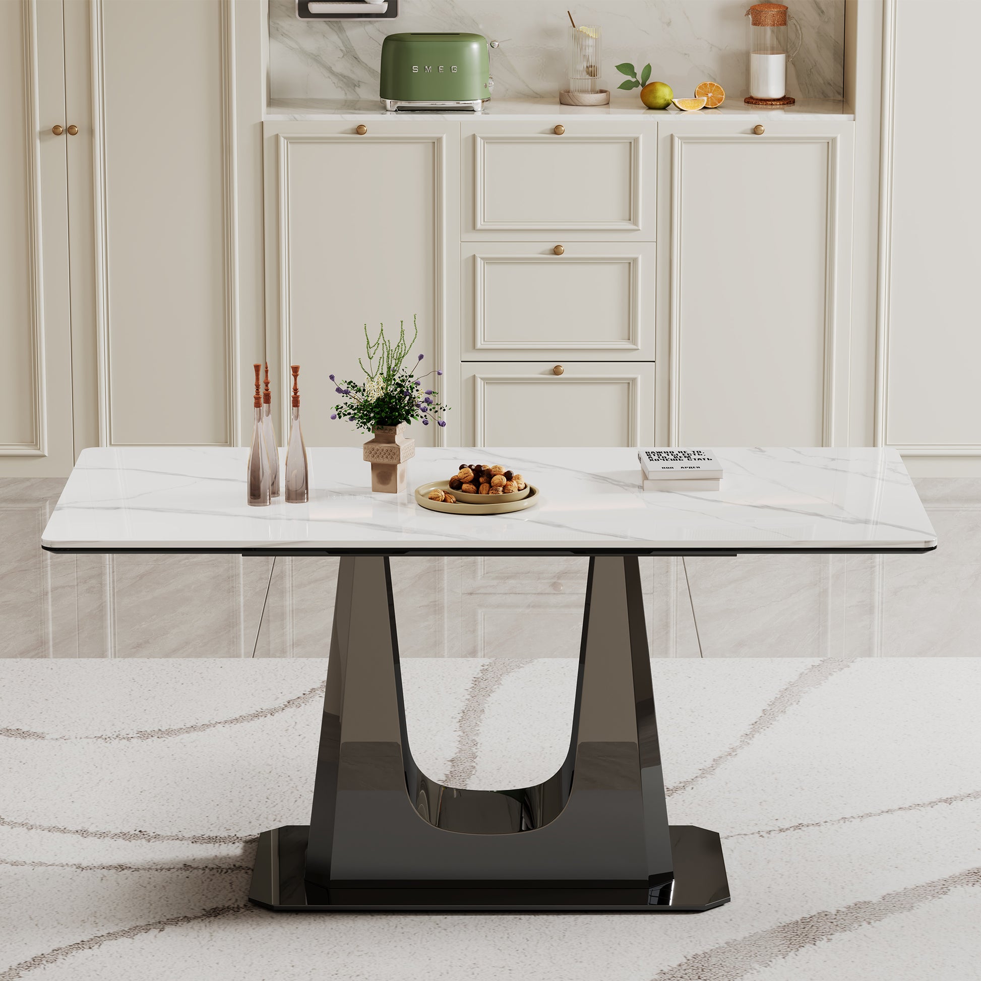 0.47" Thick Sintered Stone Composite Tempered Glass Top Rectangular Dining Table With Black Stainless Steel Base Black Sintered Stone