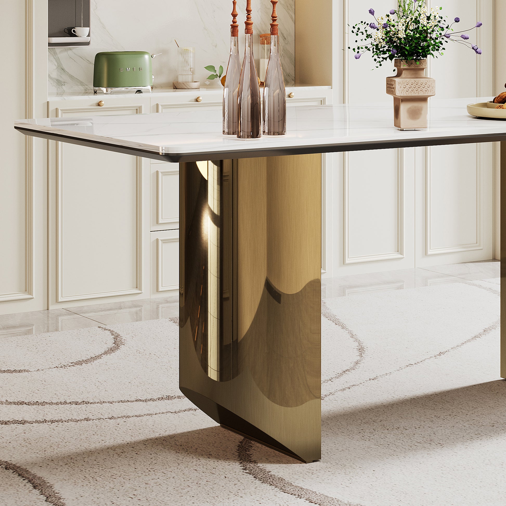 0.47" Thick Sintered Stone Composite Tempered Glass Top Dining Table With Stainless Steel Base Gold Sintered Stone