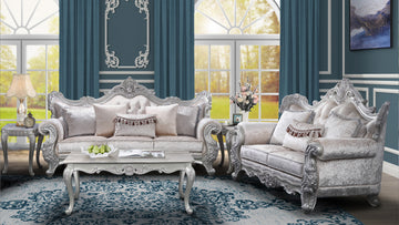 Melrose 2Pc Traditional Living Room Set In Champagne With Silver Brush Silver Gray Chenille Wood Primary Living Space Traditional Wood 5 Seat