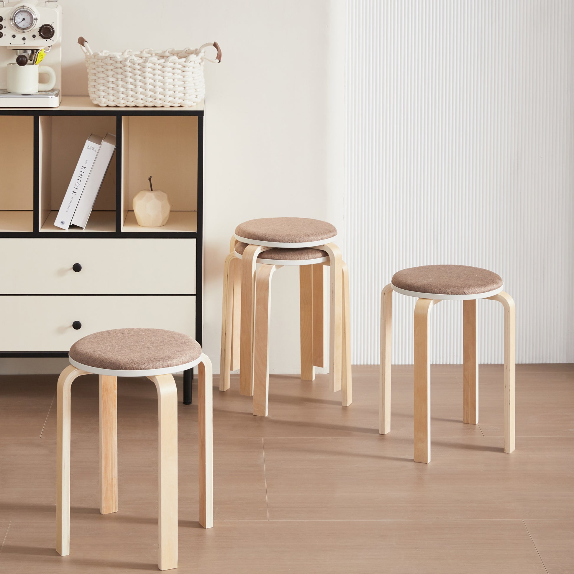 Set Of 4 Stackable Stools, Round Backless Chairs For Dining Room, Kitchen, Classroom Coffee Color Coffee Solid Wood