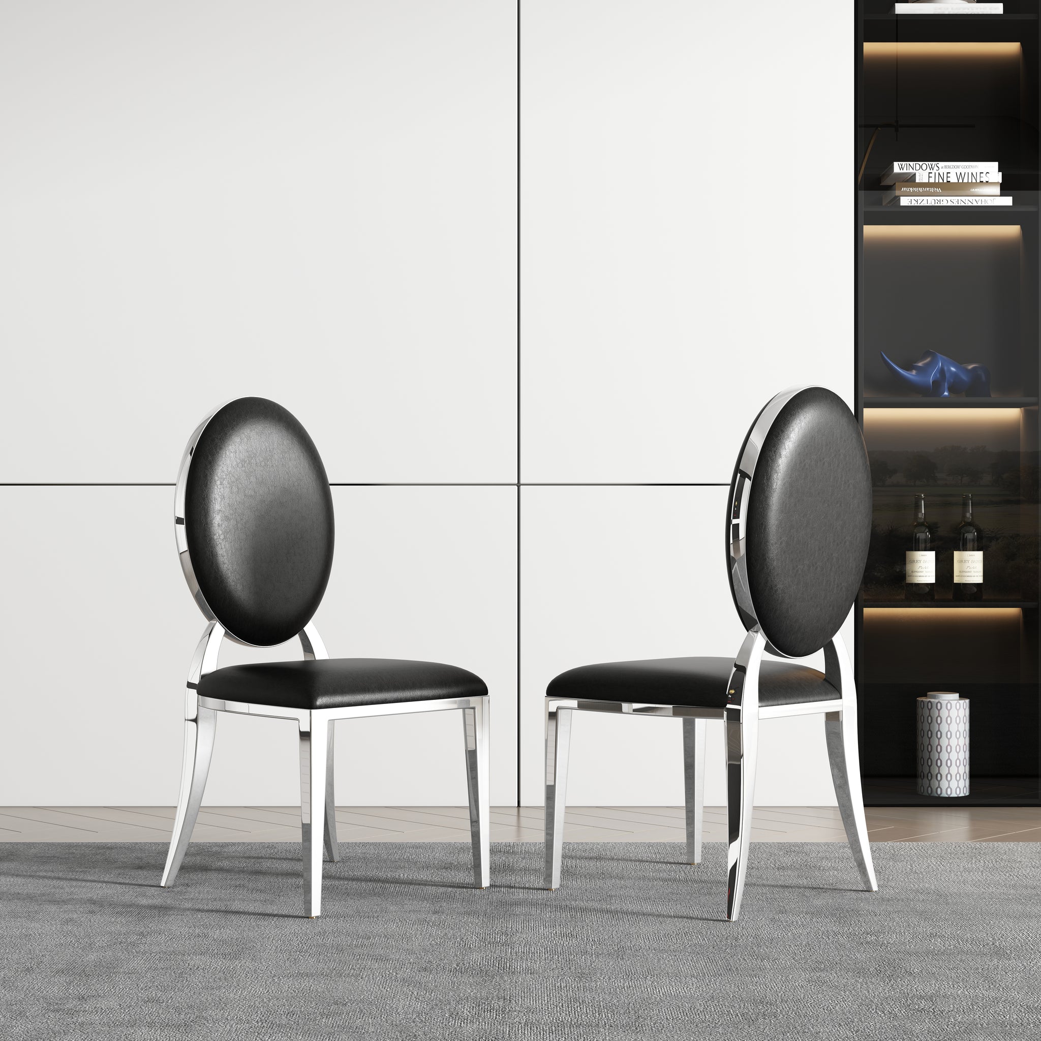 Dining Chair Set Of 2, Oval Backrest Design And Stainless Steel Legs Black Leather