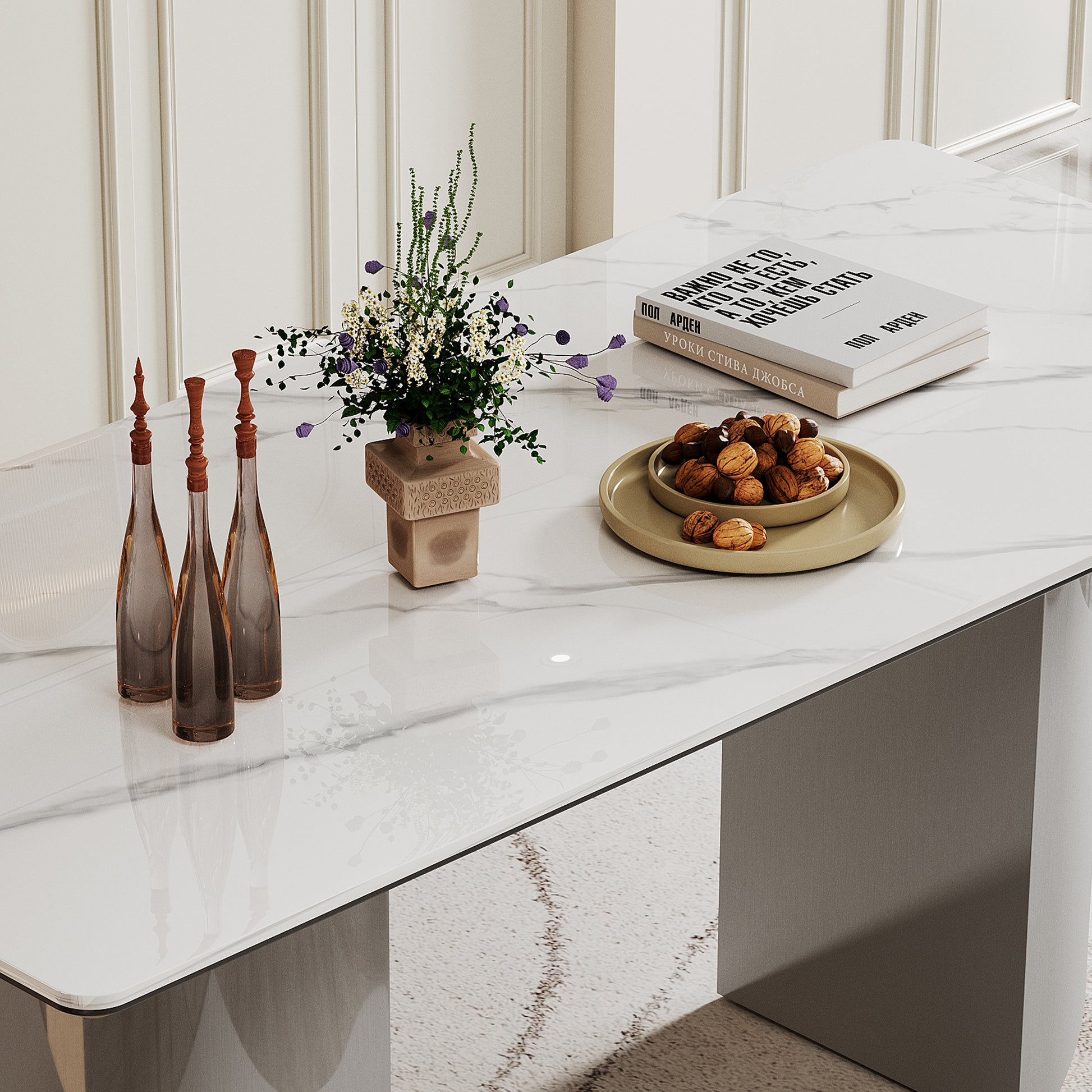 0.47" Thick Sintered Stone Composite Tempered Glass Top Dining Table With Stainless Steel Base Silver Sintered Stone