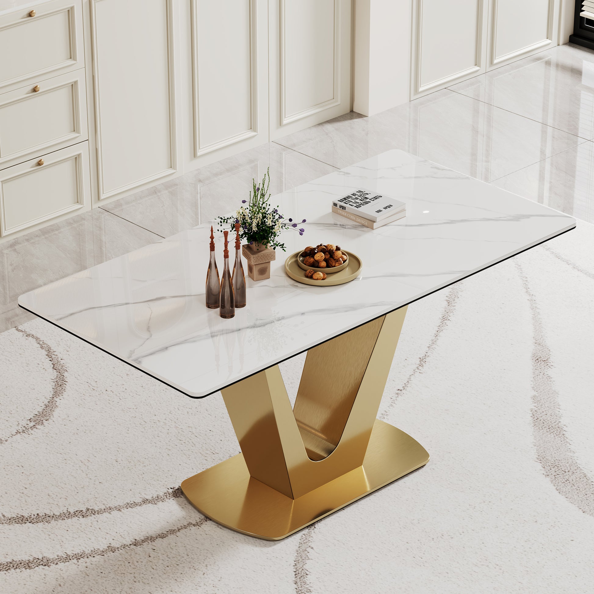 0.47" Thick Sintered Stone Composite Tempered Glass Top Dining Table With V Shape Stainless Steel Base Gold Sintered Stone