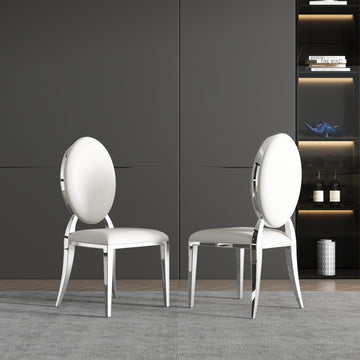 Dining Chair Set Of 2, Oval Backrest Design And Stainless Steel Legs White Leather