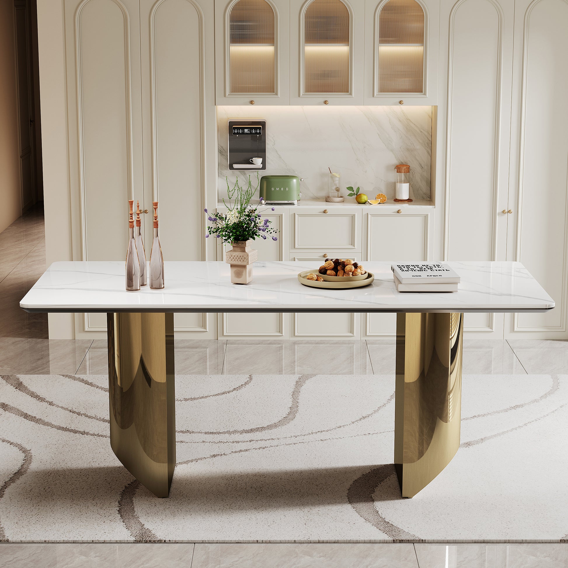 0.47" Thick Sintered Stone Composite Tempered Glass Top Dining Table With Stainless Steel Base Gold Sintered Stone