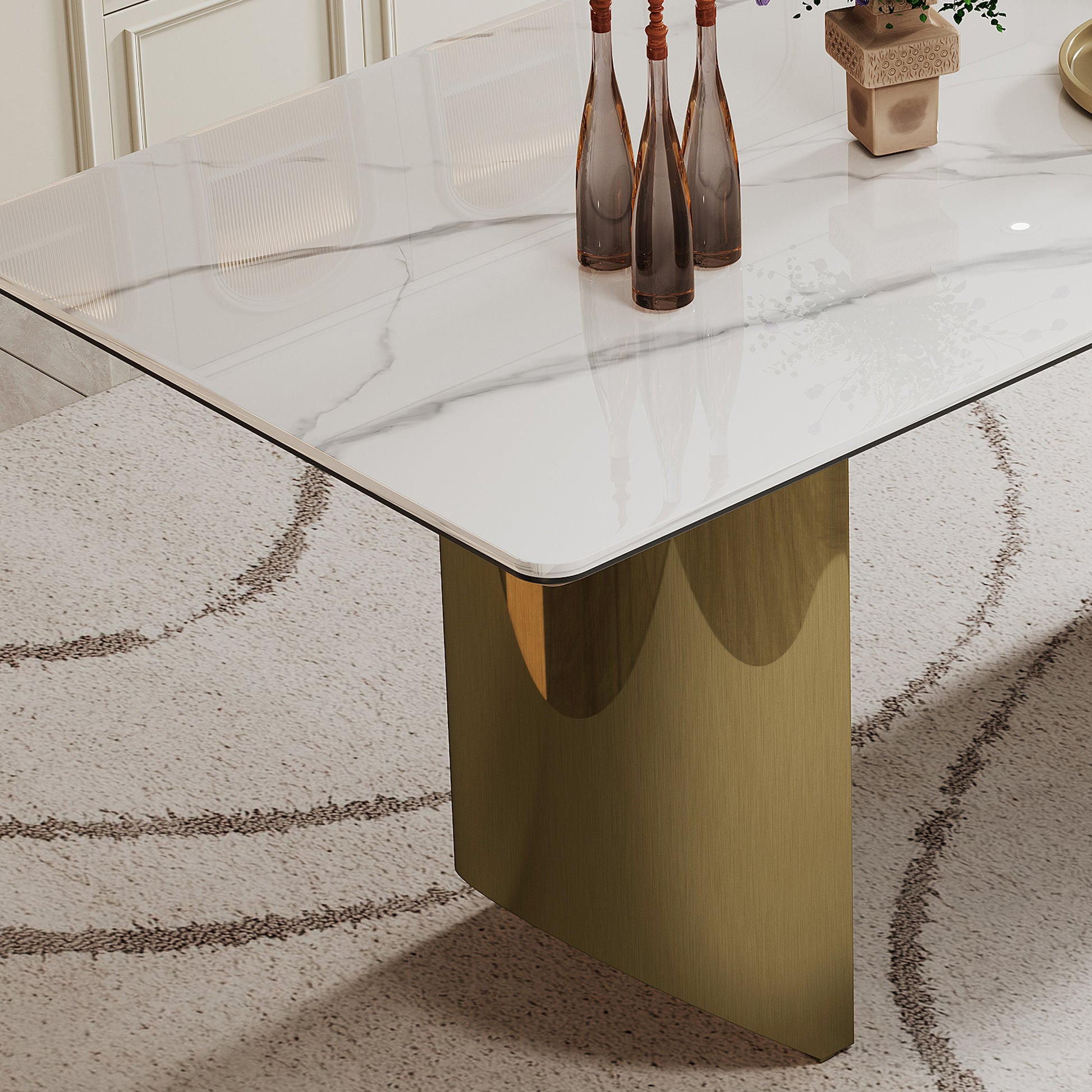 0.47" Thick Sintered Stone Composite Tempered Glass Top Dining Table With Stainless Steel Base Gold Sintered Stone