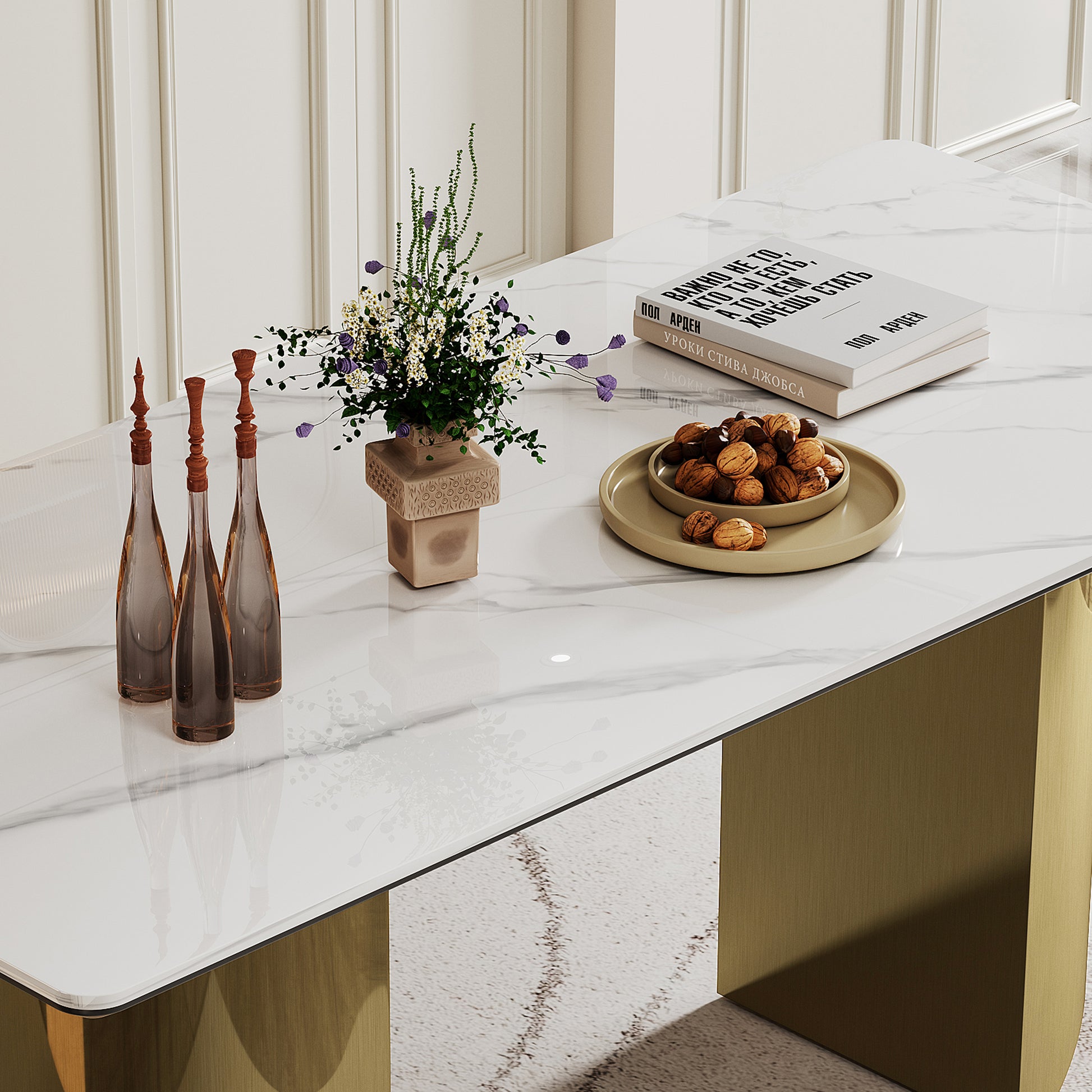 0.47" Thick Sintered Stone Composite Tempered Glass Top Dining Table With Stainless Steel Base Gold Sintered Stone