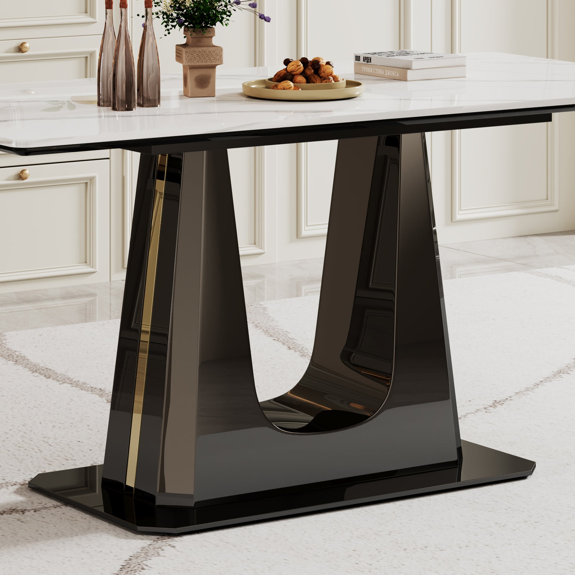 0.47" Thick Sintered Stone Composite Tempered Glass Top Rectangular Dining Table With Black Stainless Steel Base Black Sintered Stone