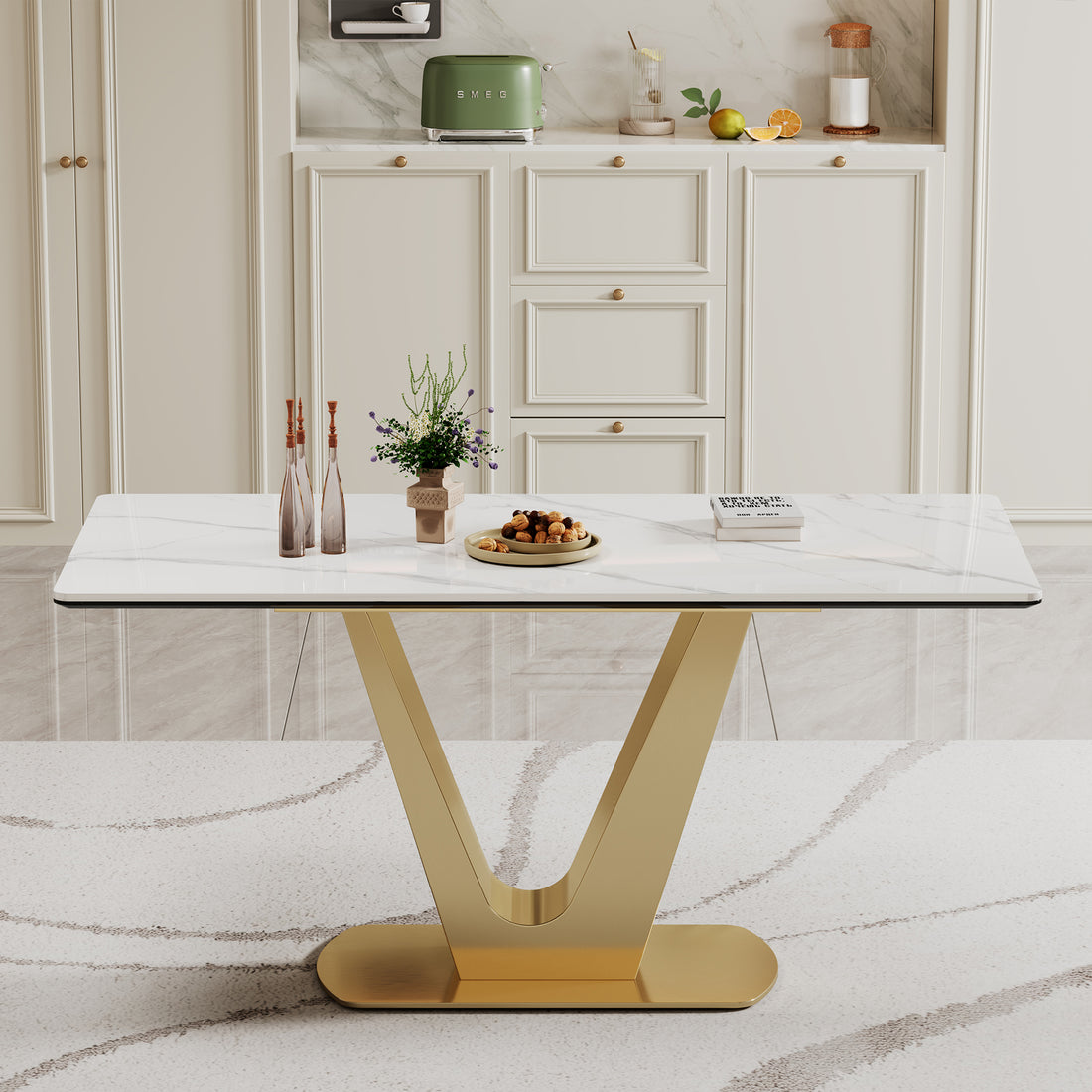 0.47" Thick Sintered Stone Composite Tempered Glass Top Dining Table With V Shape Stainless Steel Base Gold Sintered Stone