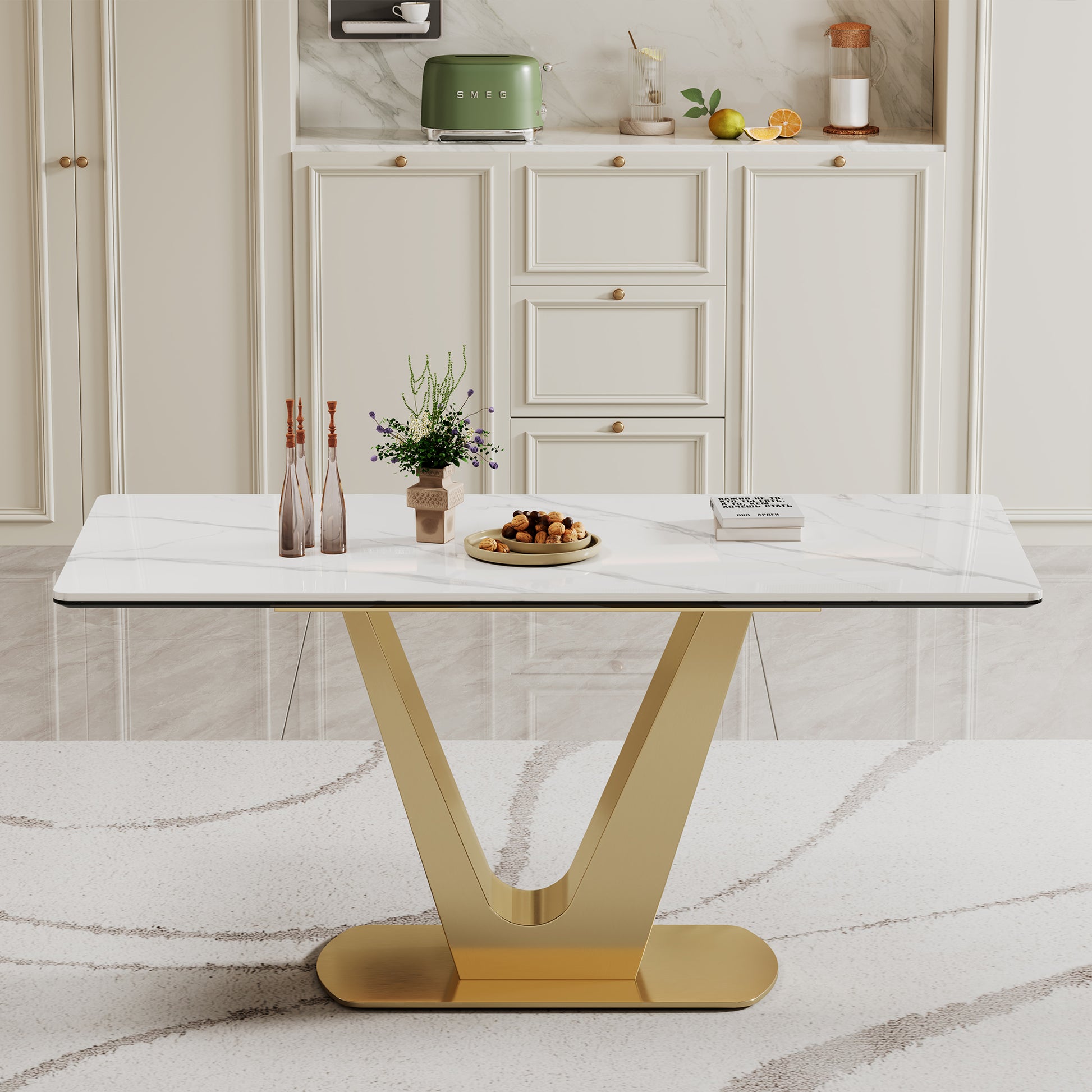 0.47" Thick Sintered Stone Composite Tempered Glass Top Dining Table With V Shape Stainless Steel Base Gold Sintered Stone