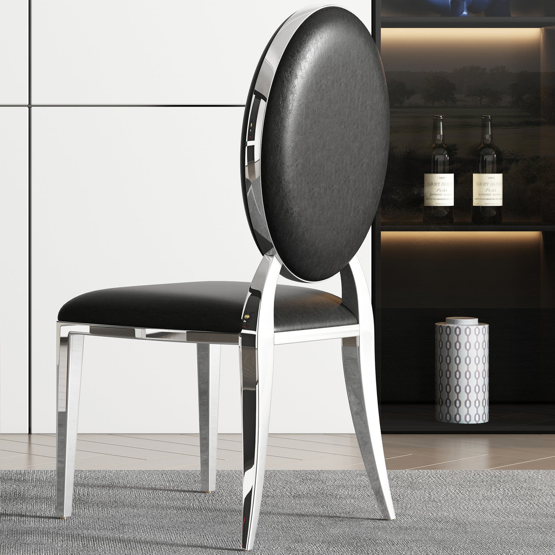 Dining Chair Set Of 2, Oval Backrest Design And Stainless Steel Legs Black Leather