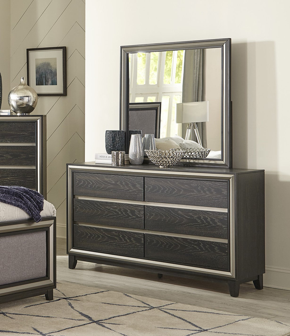 Modern Bedroom 1Pc Dresser Of 6 Drawers Grooves Cutouts Pulls Ebony Finish And Silver Contemporary Wooden Furniture Ebony Bedroom Contemporary,Modern Wood