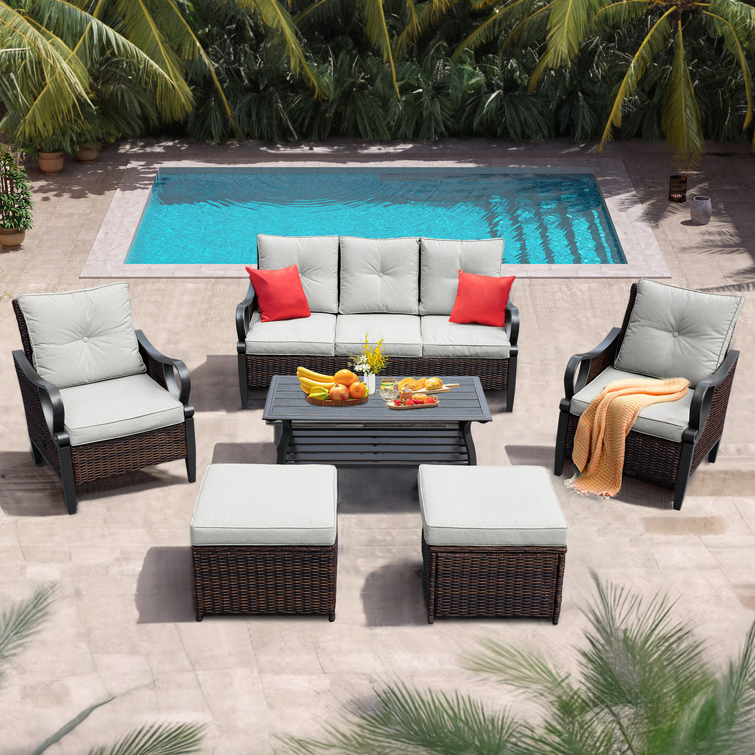 6 Pcs Outdoor Sectional Sofa With Reclining Backrest, Ottomans, Light Gray Cushions Yes Sectional Brown Light Gray Seats 8 Rust Resistant Frame Fade Resistant Cushion Garden & Outdoor Sectional Seating Groups Foam Rattan Metal