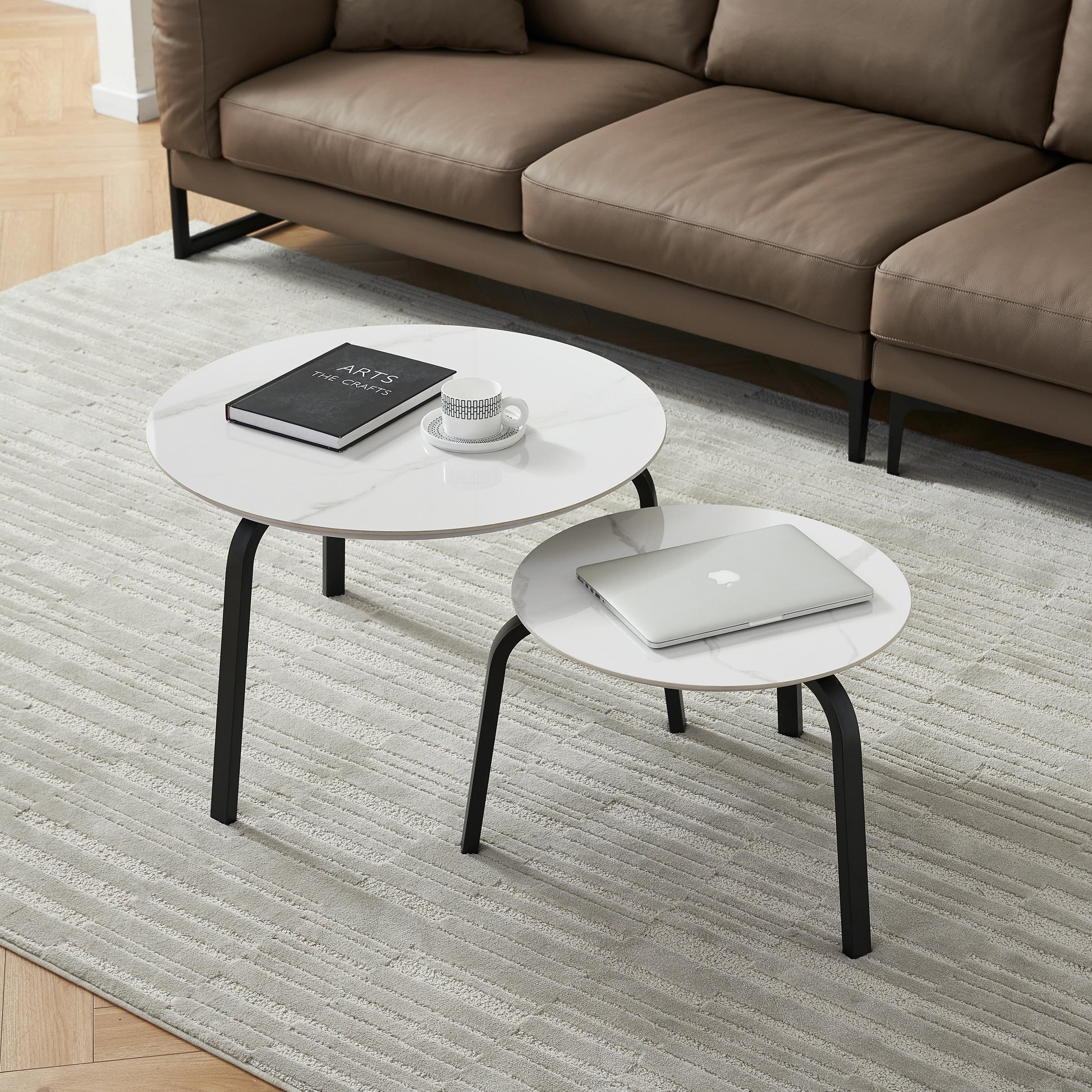 Coffee Table Nesting White Set Of 2, Side Set Black Frame Circular And Marble Tables, Living Room Bedroom Apartment Modern Simple Accent Tea Table Nightstand, Easy Assembly Black Metal Stone