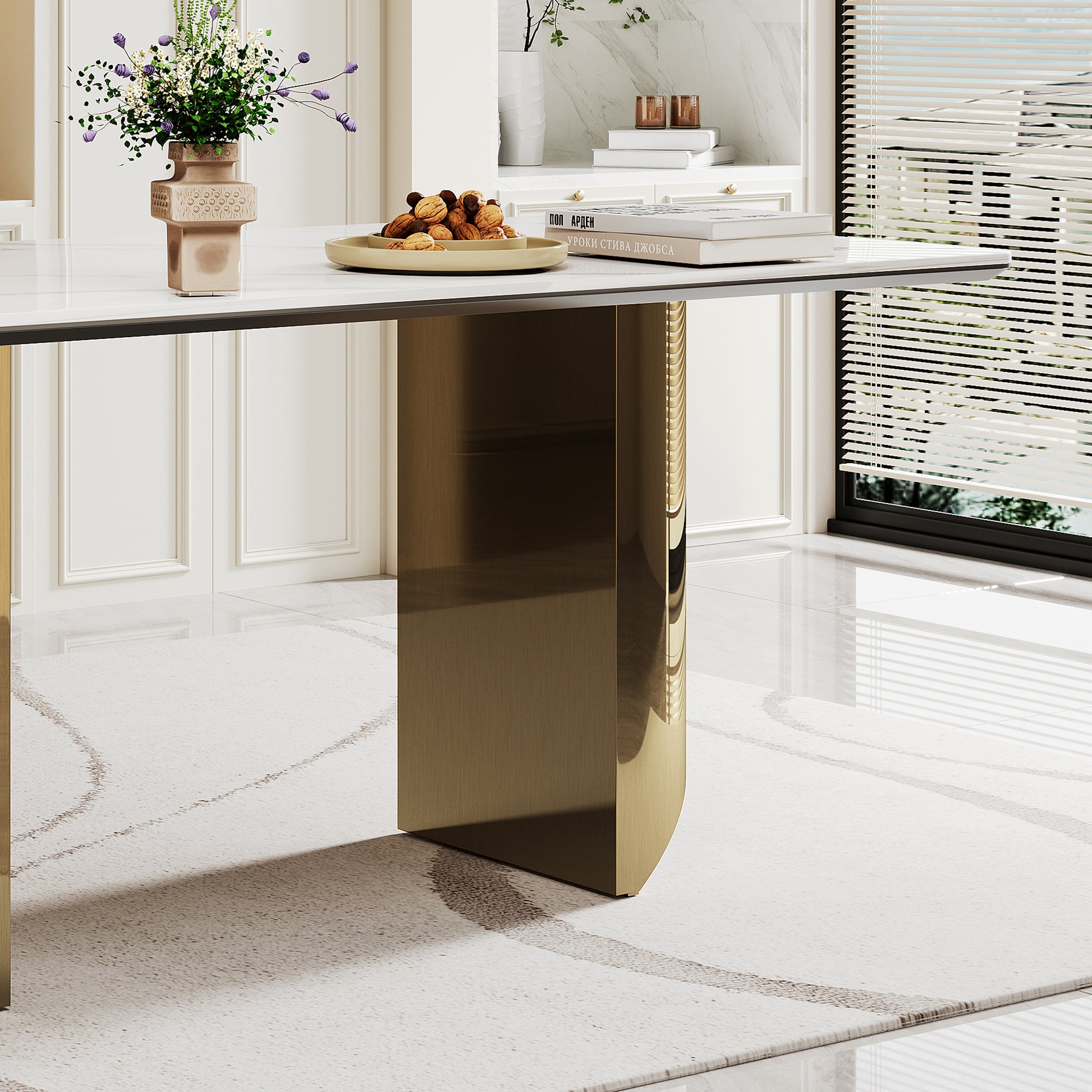 0.47" Thick Sintered Stone Composite Tempered Glass Top Dining Table With Stainless Steel Base Gold Sintered Stone