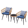 3 Piece Patio Bistro Set With Side Table, Outdoor Pe Rattan Conversation Chair Set,Furniture Of Coffee Table With Glass Top,Cushions & Lumbar Pillows For Garden,Backyard,Balcony Or Poolside Boho Blue Yes Blue Boho Pe Rattan Iron Waterproof Fabric