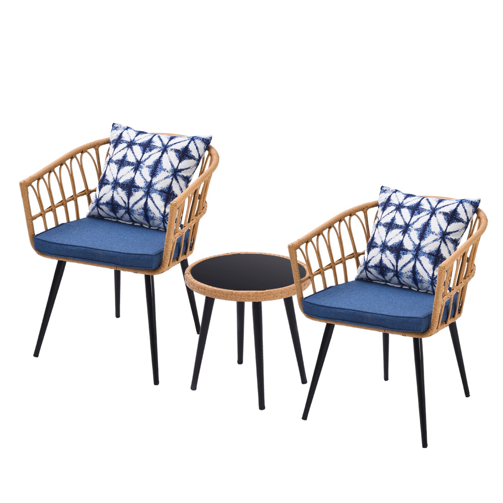 3 Piece Patio Bistro Set With Side Table, Outdoor Pe Rattan Conversation Chair Set,Furniture Of Coffee Table With Glass Top,Cushions & Lumbar Pillows For Garden,Backyard,Balcony Or Poolside Boho Blue Yes Blue Boho Pe Rattan Iron Waterproof Fabric