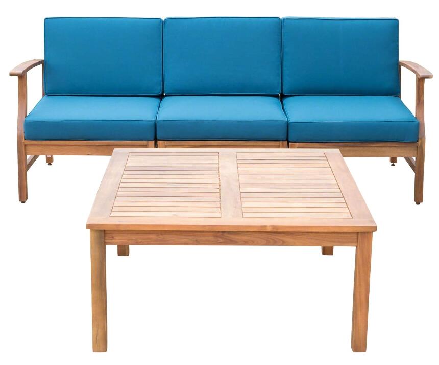 Perla 3 Seater Sofa And Table Set, Blue Blue Acacia Wood